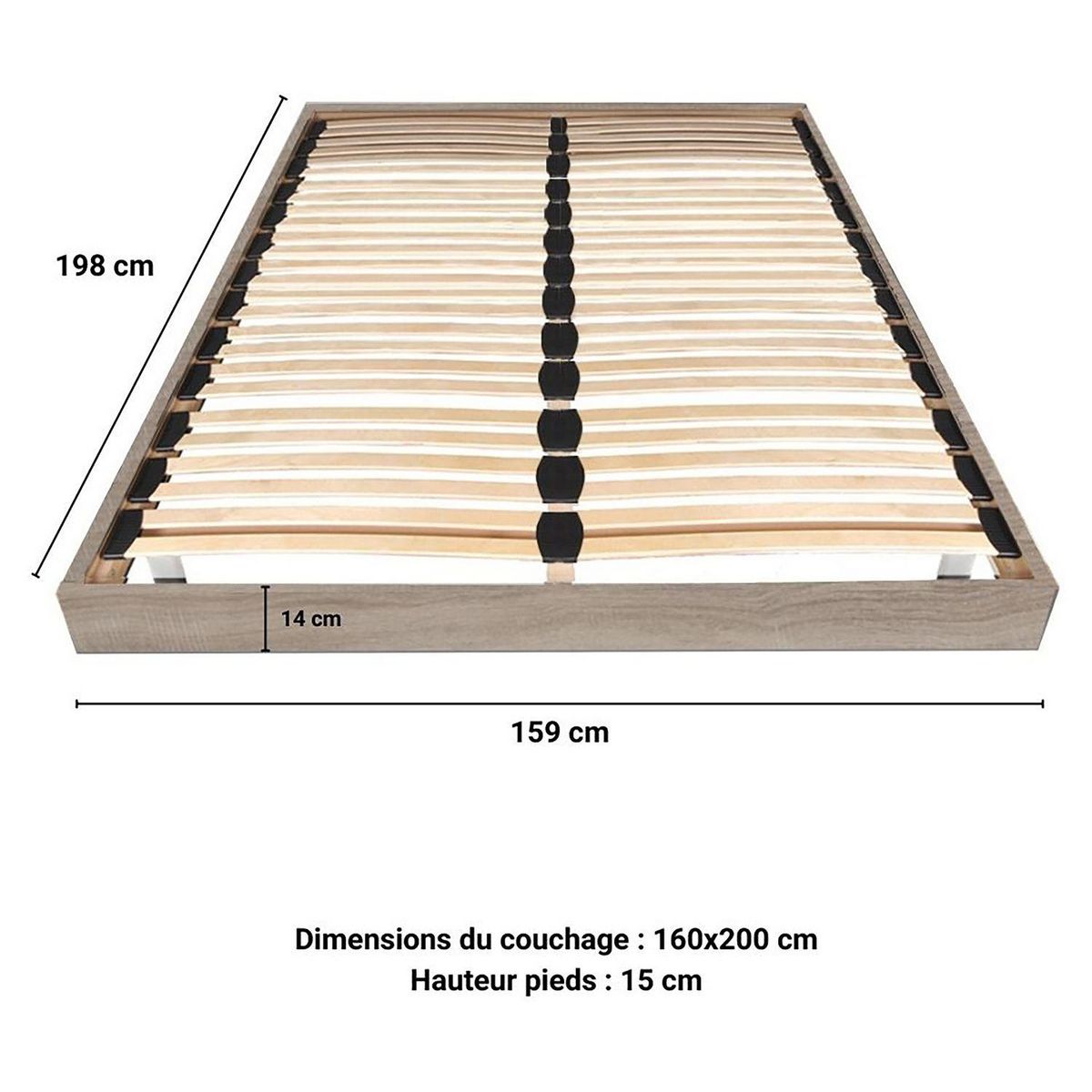 Sommier cadre à lattes sur pieds 160x200 cm 2x26 lattes ASCQ