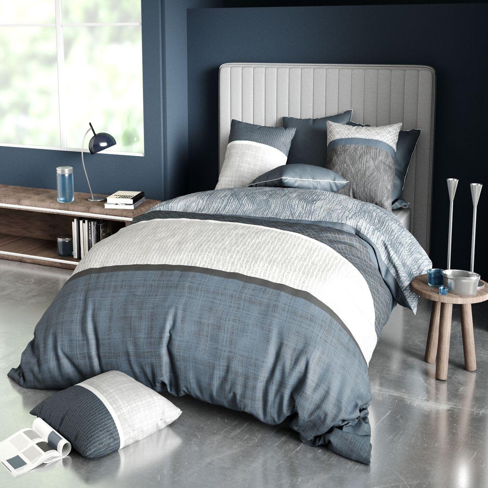 ATELIER DU COTON Parure housse de couette 100% coton 57fils brehat. Coloris disponibles : Bleu