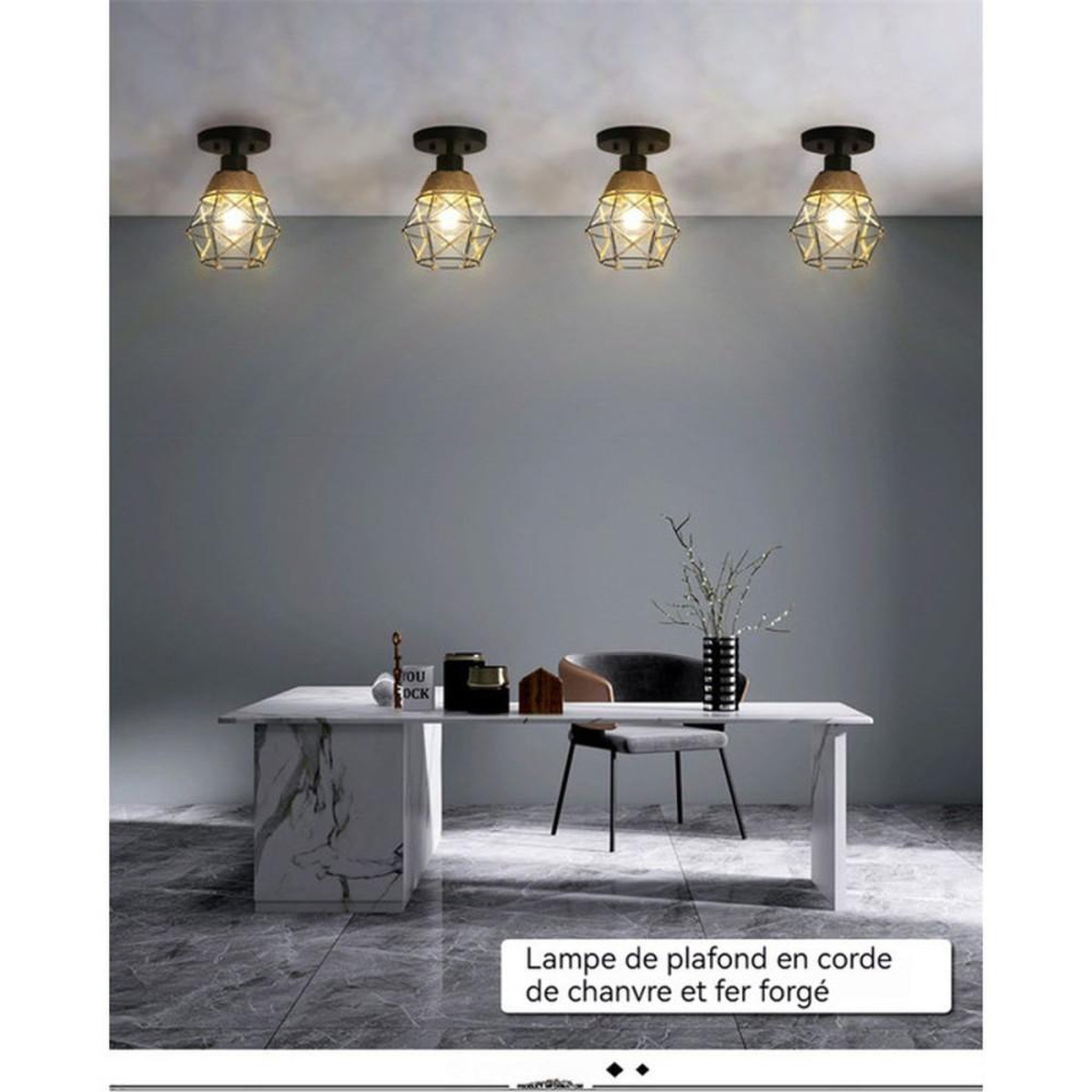 Voir la diapositive 4 : Plafonnier en cage carrée noir en fer et corde de jute lot de 2 E27, abat-jour tressé Ø 15 cm hauteur 18 cm, 40 W max (LED recommandé)