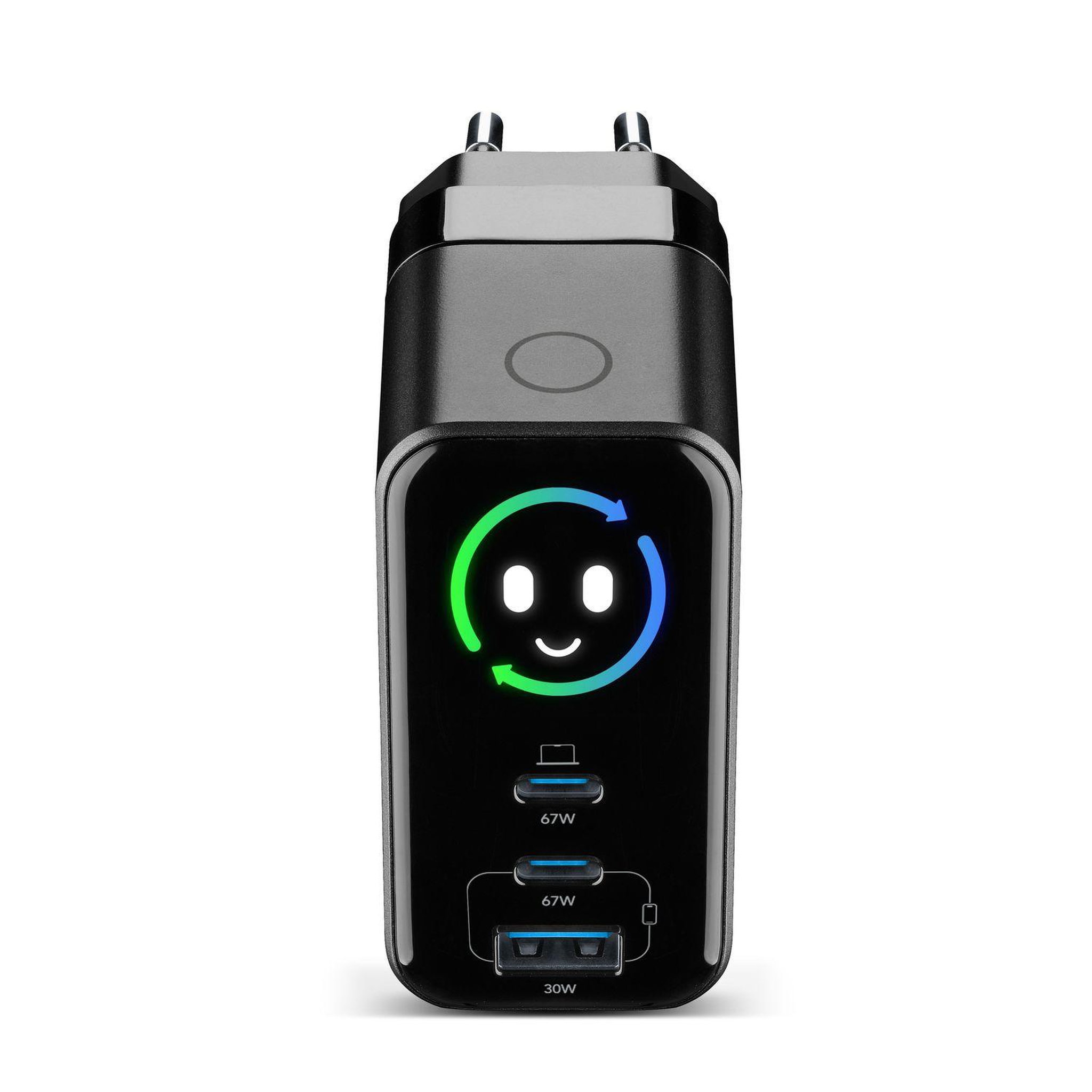 Voir la diapositive 3 : CELLULAR LINE Cellularline powerview iq ach 67w chargeur secteur 67w avec écran tft intelligent, fiche pliable et technologie gan+. Équipé de 2 ports usb-c et 1 port usb-a pour une recharge simultanée.