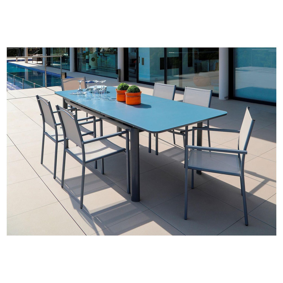 Table de jardin extensible 180/240x100 avec plateau verre texturé FIGUE