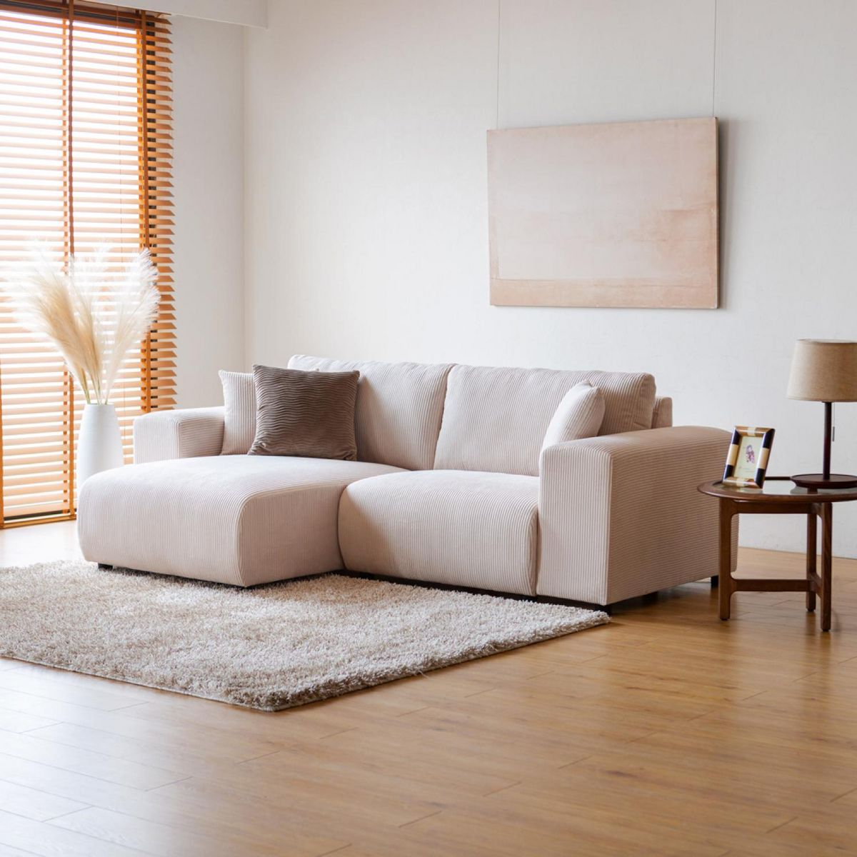 CONCEPT USINE Canapé d'angle modulable 3 places en velours côtelé beige ABERDEEN