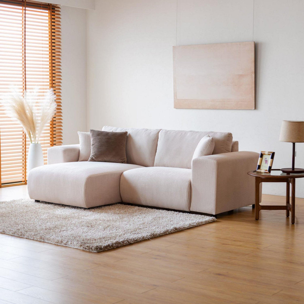 CONCEPT USINE Canapé d'angle modulable 3 places en velours côtelé beige ABERDEEN