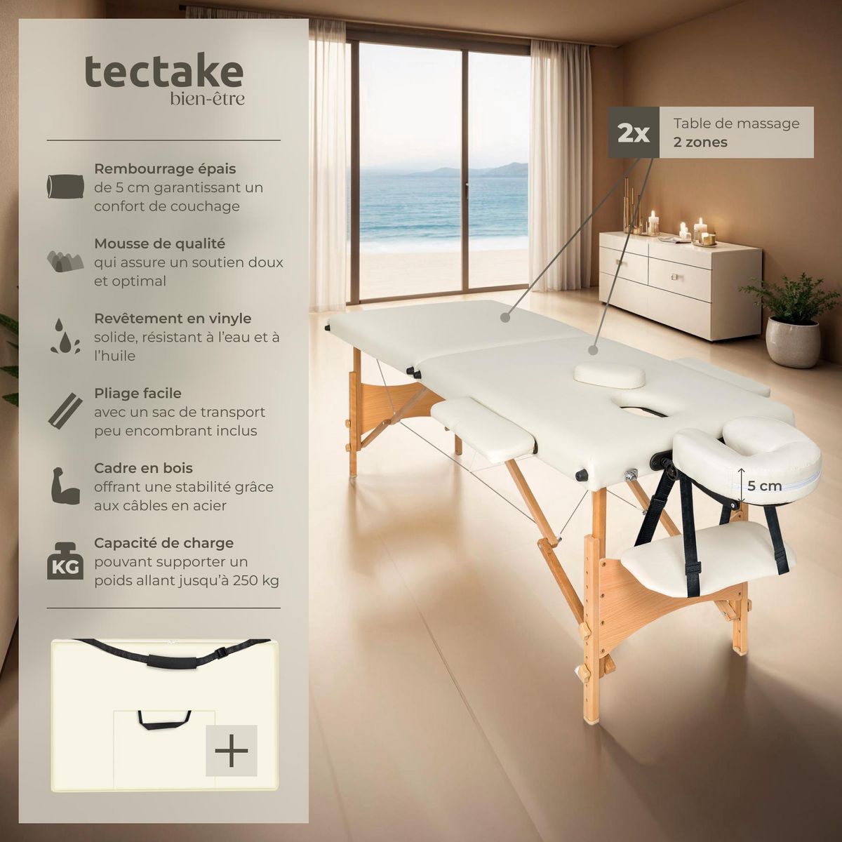 tectake Table de massage portable pliante 2 zones largeur 61 cm et rembourrage 5 cm beige