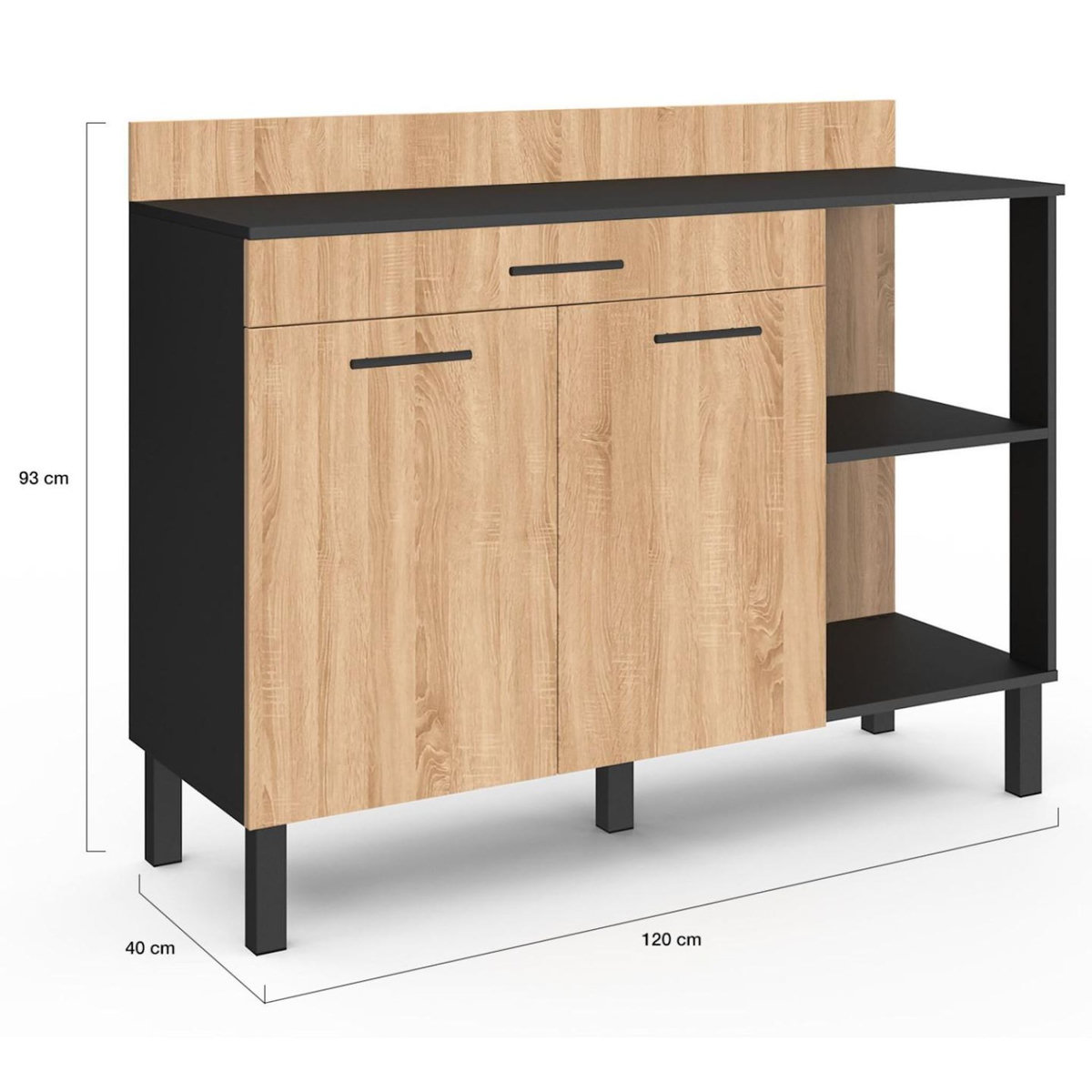 ID MARKET Buffet bas de cuisine 120 cm CINA plan de travail H.83 cm 2 portes + tiroir noir et façon hêtre