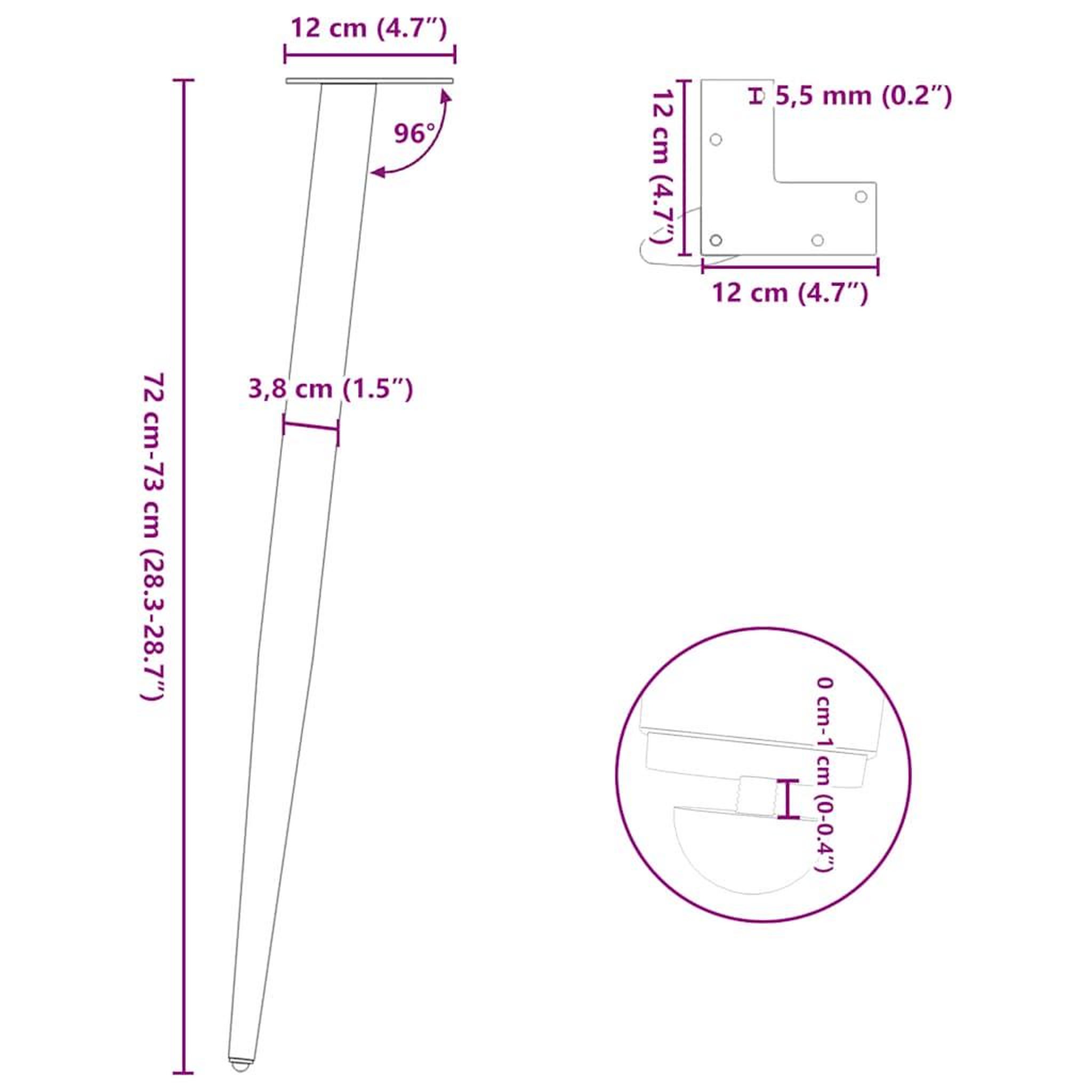 Voir la diapositive 6 : VIDAXL Pieds de table basse forme conique 4 pcs acier naturel 72-73 cm