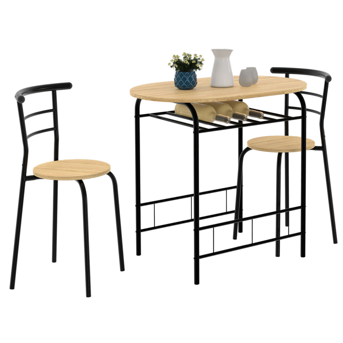 ID MARKET Ensemble table LYNETH  2 personnes + 2 chaises bois et métal noir