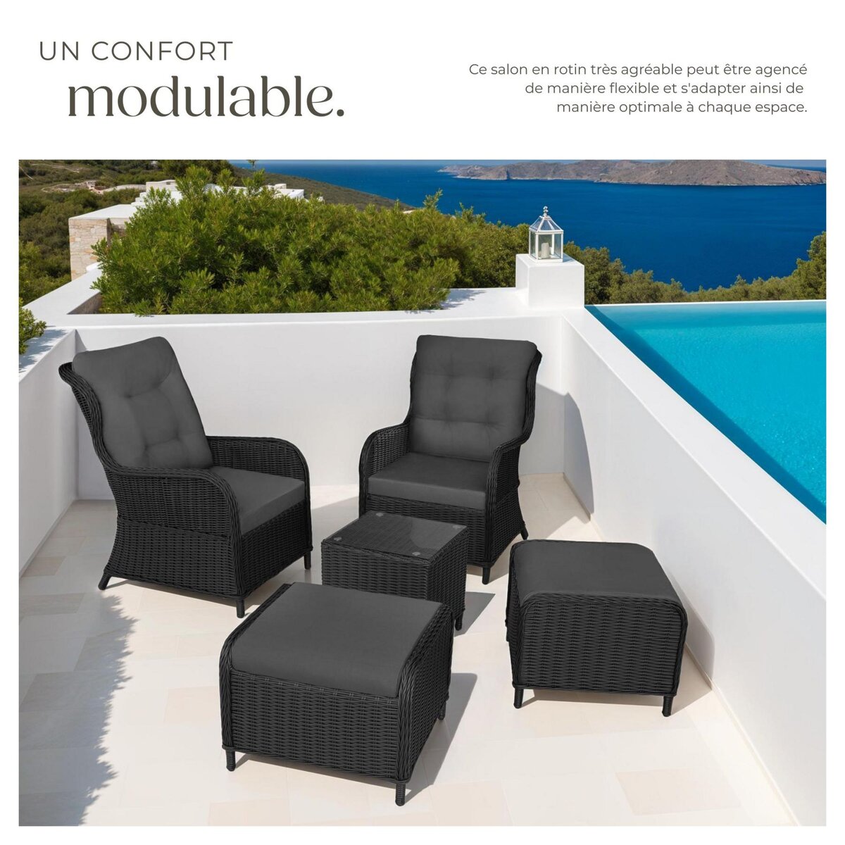 tectake Salon de jardin pour 2 à 4 personnes noir/gris