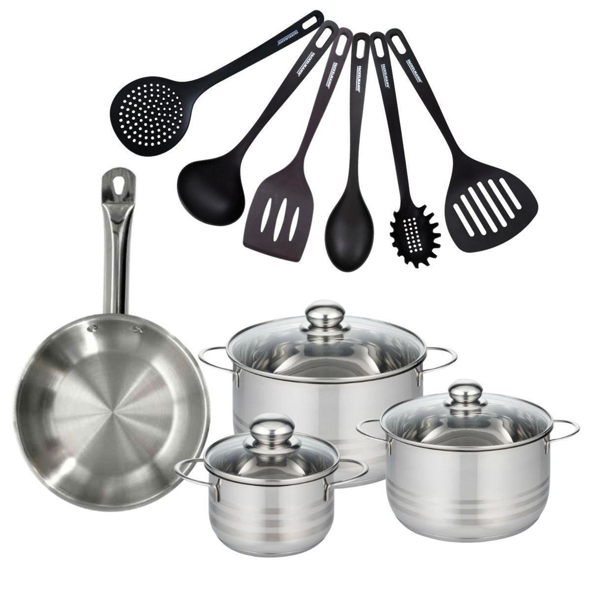 Fackelmann Set 1 poêle 24 cm en inox, 3 faitouts inox 16, 20 et 24 cm et 6 ustensiles RPET Fackelmann Eterna