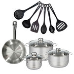 Fackelmann Set 1 poêle 24 cm en inox, 3 faitouts inox 16, 20 et 24 cm et 6 ustensiles RPET Fackelmann Eterna