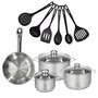 Voir la diapositive 1 : Fackelmann Set 1 poêle 24 cm en inox, 3 faitouts inox 16, 20 et 24 cm et 6 ustensiles RPET Fackelmann Eterna