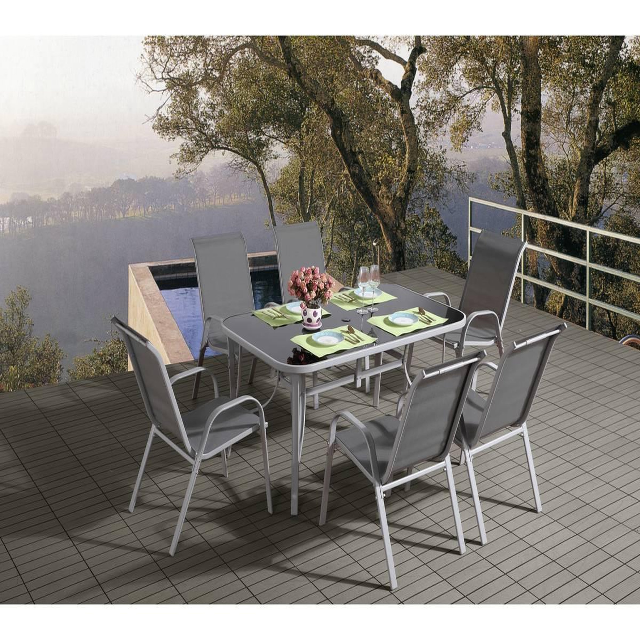Voir la diapositive 2 : Habitat et Jardin Table et chaises de jardin en textilène  cordoba + porto  6 personnes gris clair