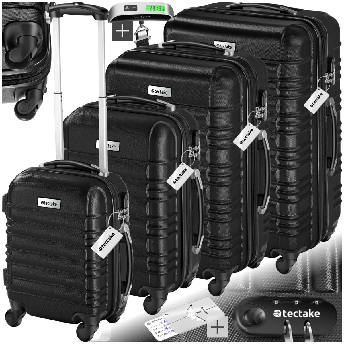 tectake Set de valises rigides 4 pièces en plastique ABS robuste, pèse-bagages et une étiquette de valise incluses noir