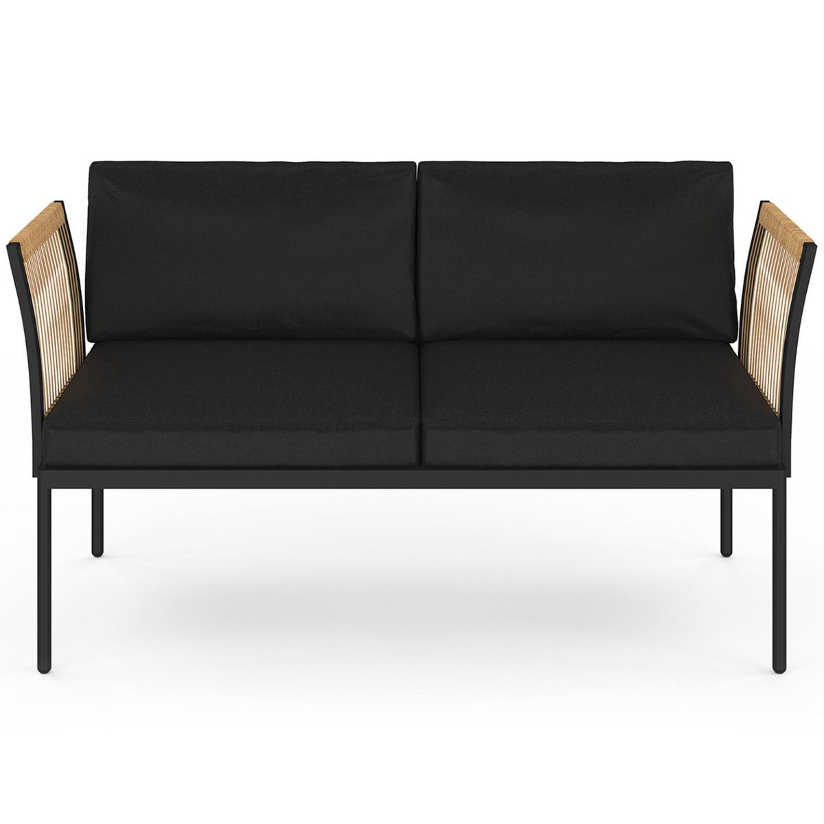 ID MARKET Salon de jardin bas RIO 4 places modulable structure métal noir, cordage effet rotin clair avec coussins noirs et table basse