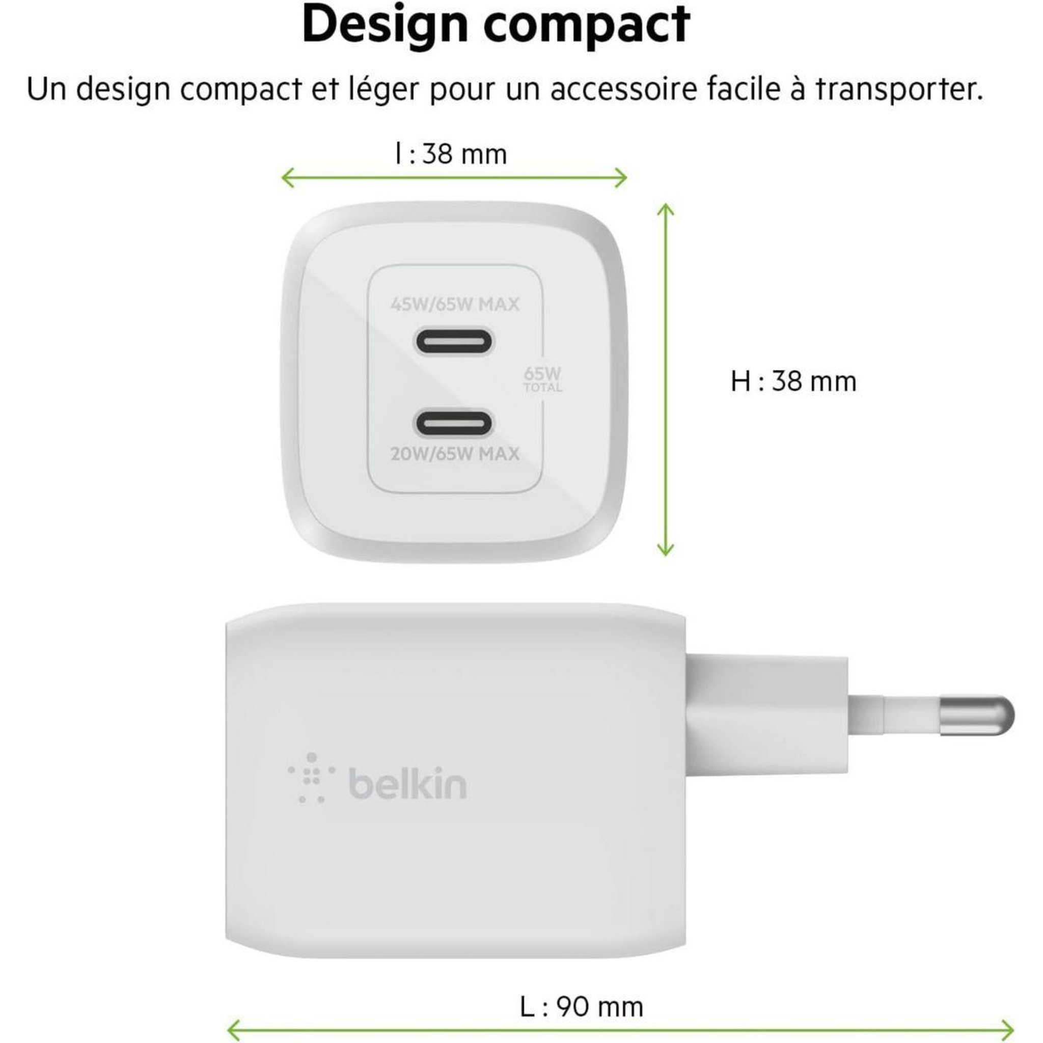 Voir la diapositive 3 : Belkin Chargeur USB C x2 65W GaN PPS + Cable USB-C 2m