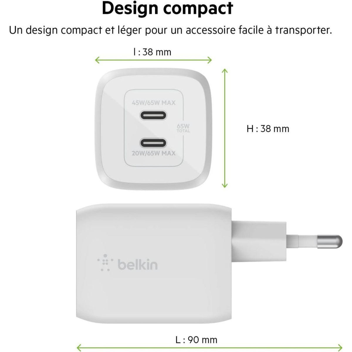 Belkin Chargeur USB C x2 65W GaN PPS + Cable USB-C 2m