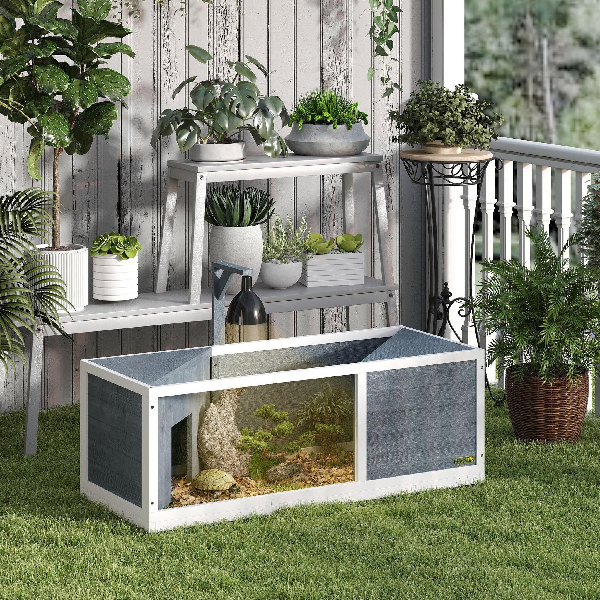 Voir la diapositive 4 : PAWHUT Maison enclos pour tortues - 2 niches et enclos - 2 toits ouvrants - bois blanc gris