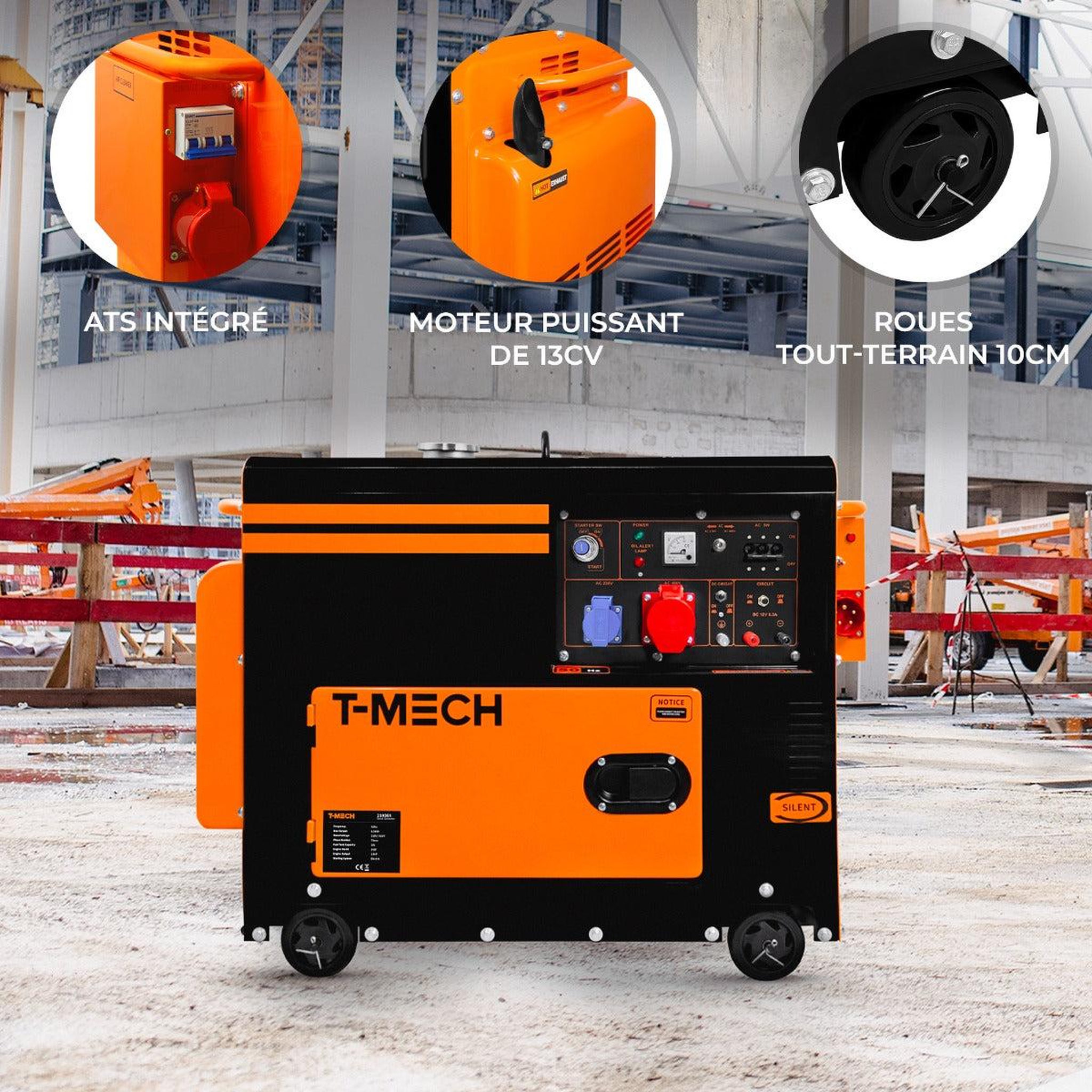 Voir la diapositive 2 : T-MECH Générateur à diesel triphasé 400 v - 6 500 w