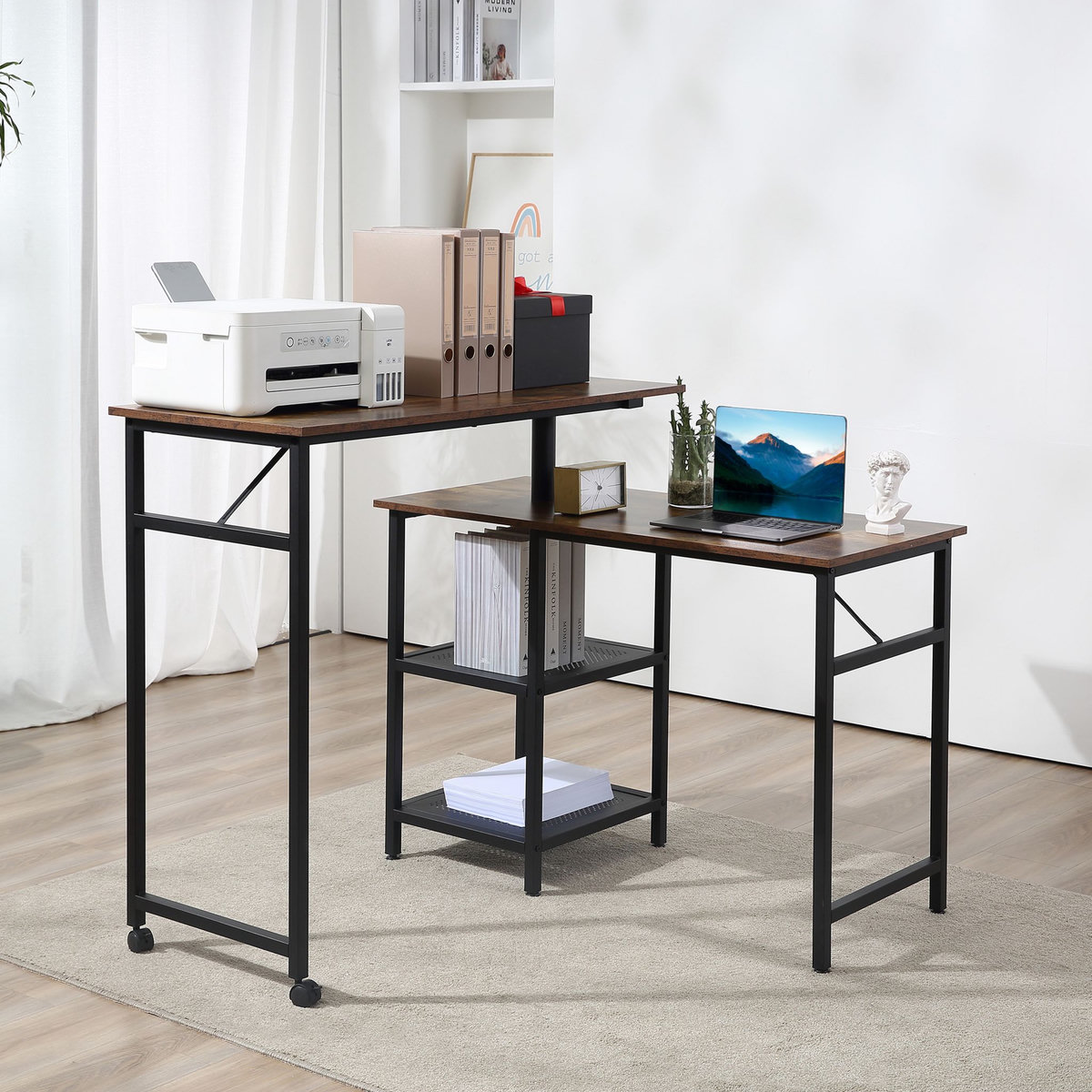 HOMCOM Bureau informatique design industriel modulable bureau d'angle 2 étagères aspect vieux bois métal noir