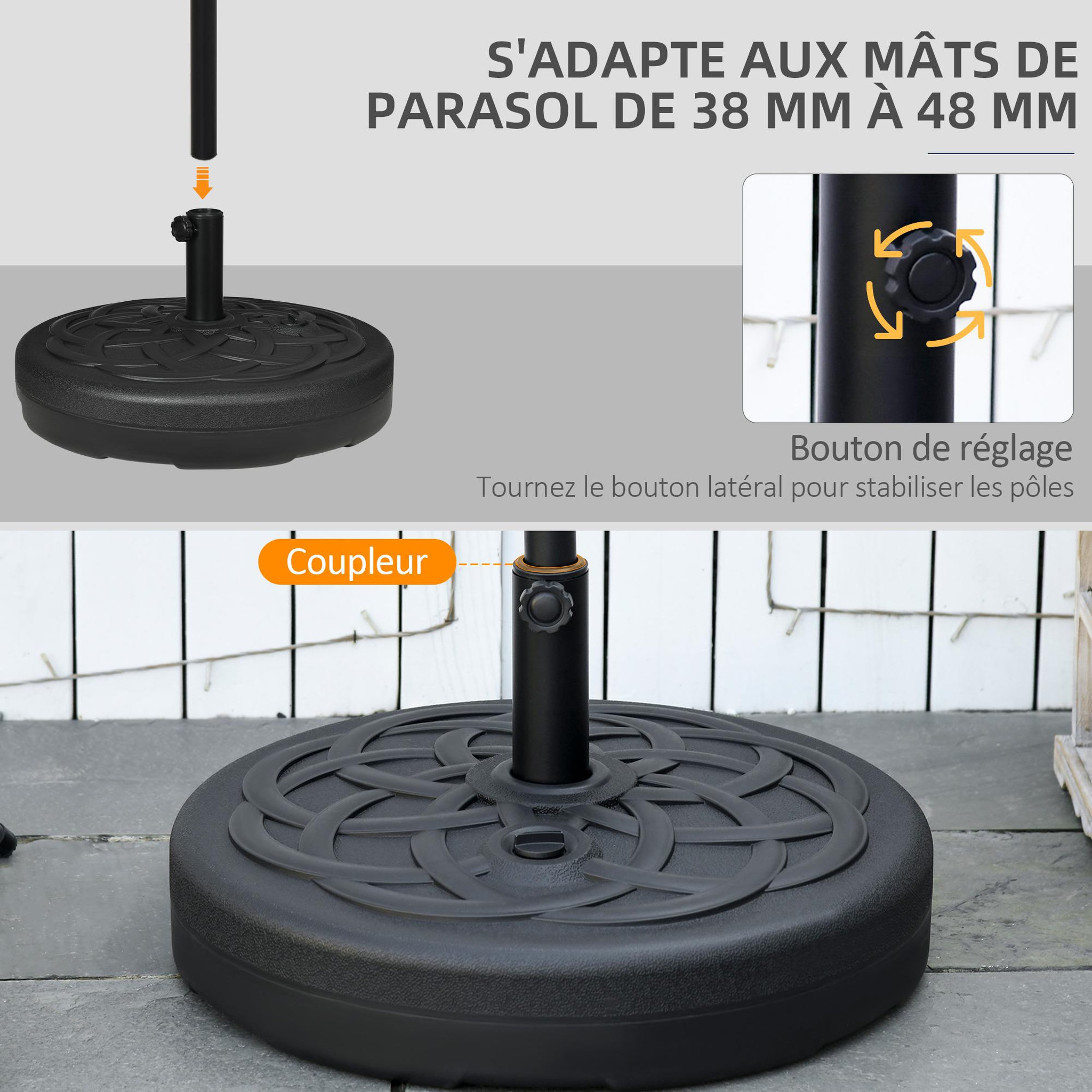 Voir la diapositive 4 : OUTSUNNY Pied de parasol base de lestage parasol rond Ø 56 x 30,5H cm à lester métal PE noir