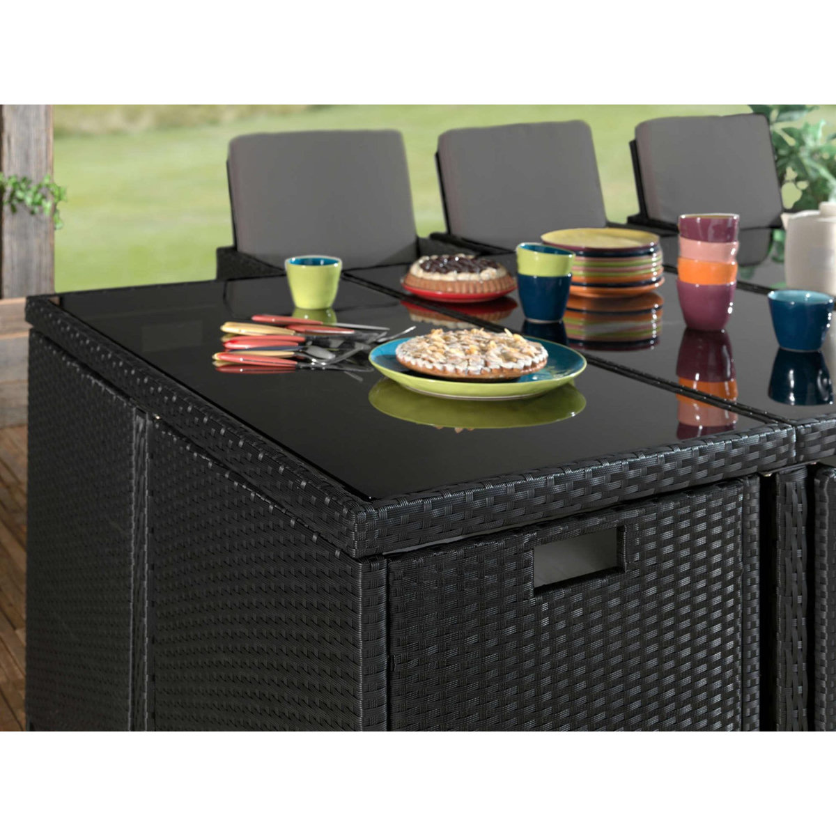 BEST MOBILIER Fira - salon de jardin encastrable 12 places - en résine tressée - noir avec coussins gris + housse de protection