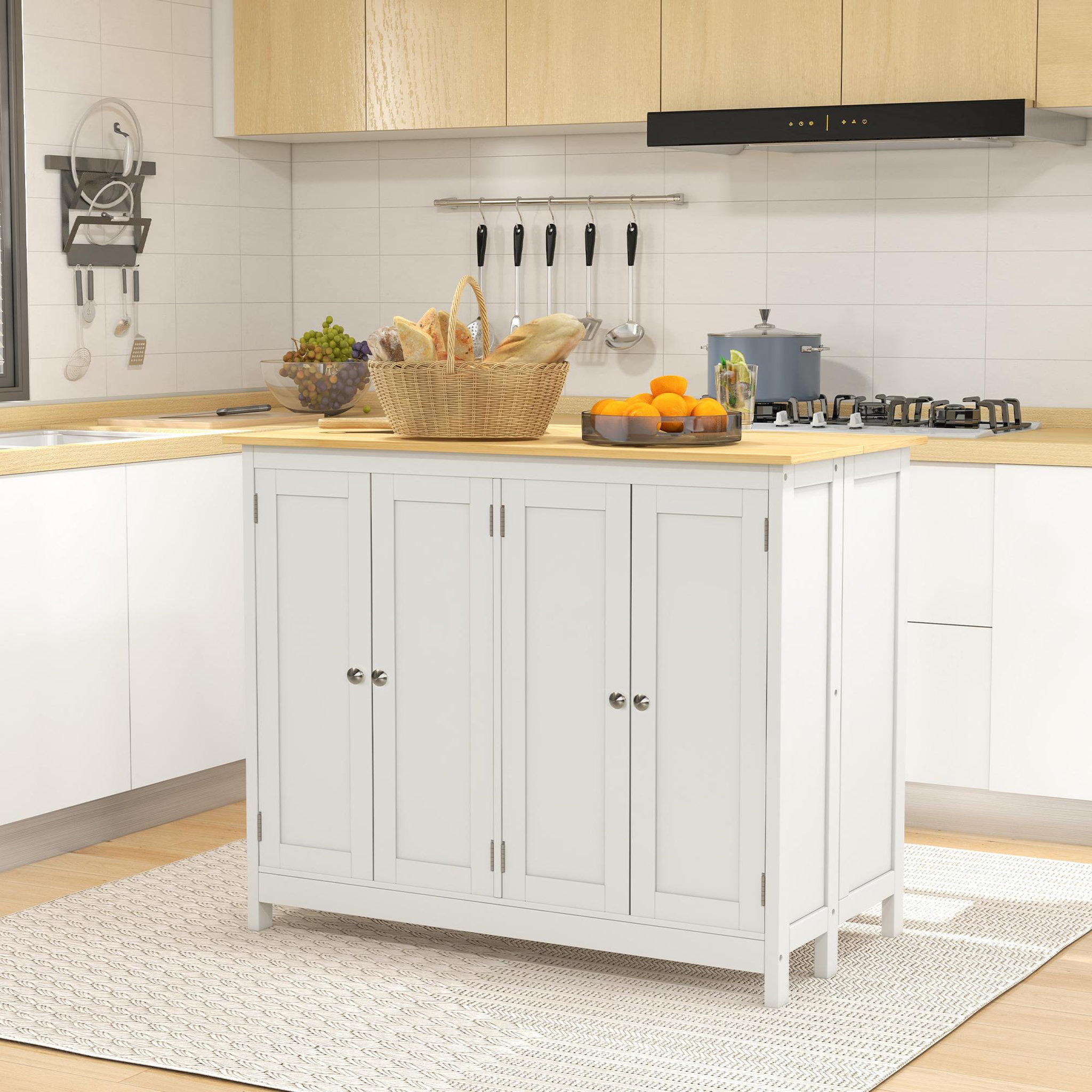 Voir la diapositive 2 : HOMCOM Ensemble îlot central de cuisine avec 2 tabourets de bar - 4 portes, 2 étagères - plateau, pans rabattable - MDF blanc chêne clair verni