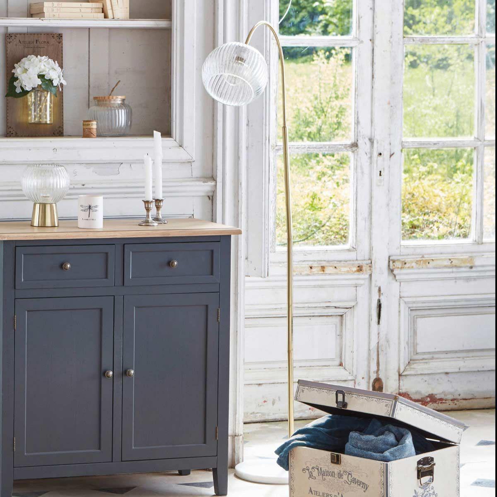 Voir la diapositive 3 : ATMOSPHERA Lampadaire en verre & marbre  laye  150cm or