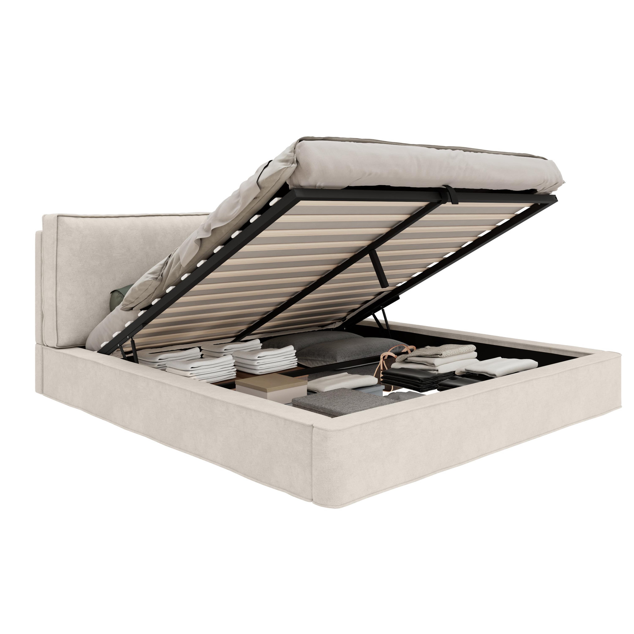 Voir la diapositive 1 : MERAX Lit coffre avec rangement hydraulique, tête de lit rembourrée chenille