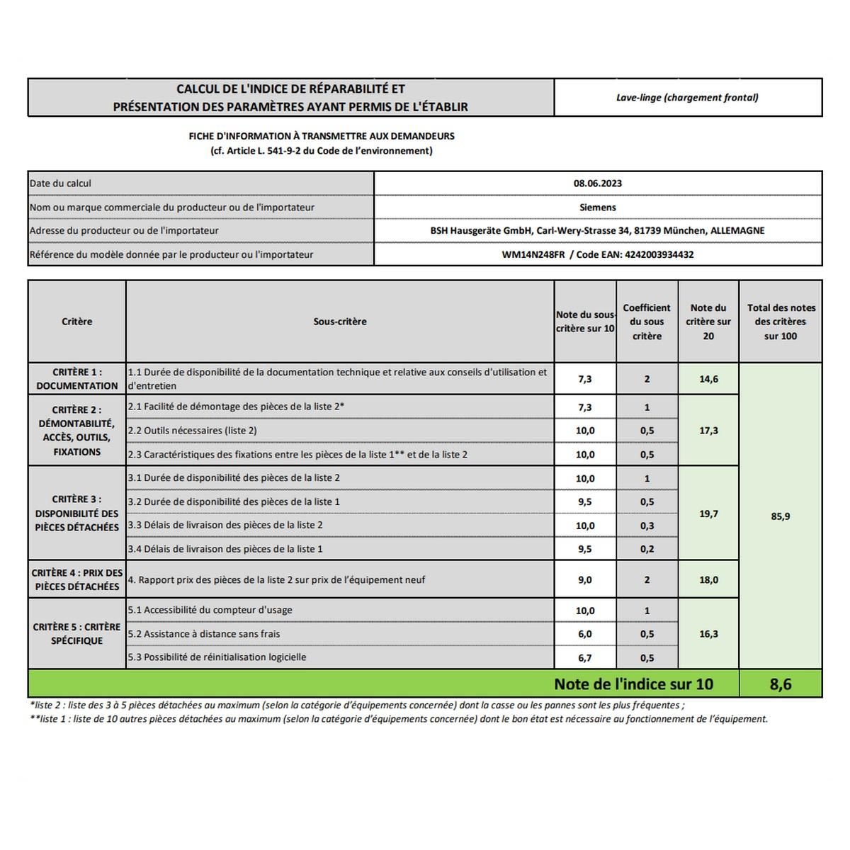 Siemens Lave-linge hublot 8kg 1400 tours/min blanc - WM14N248FR