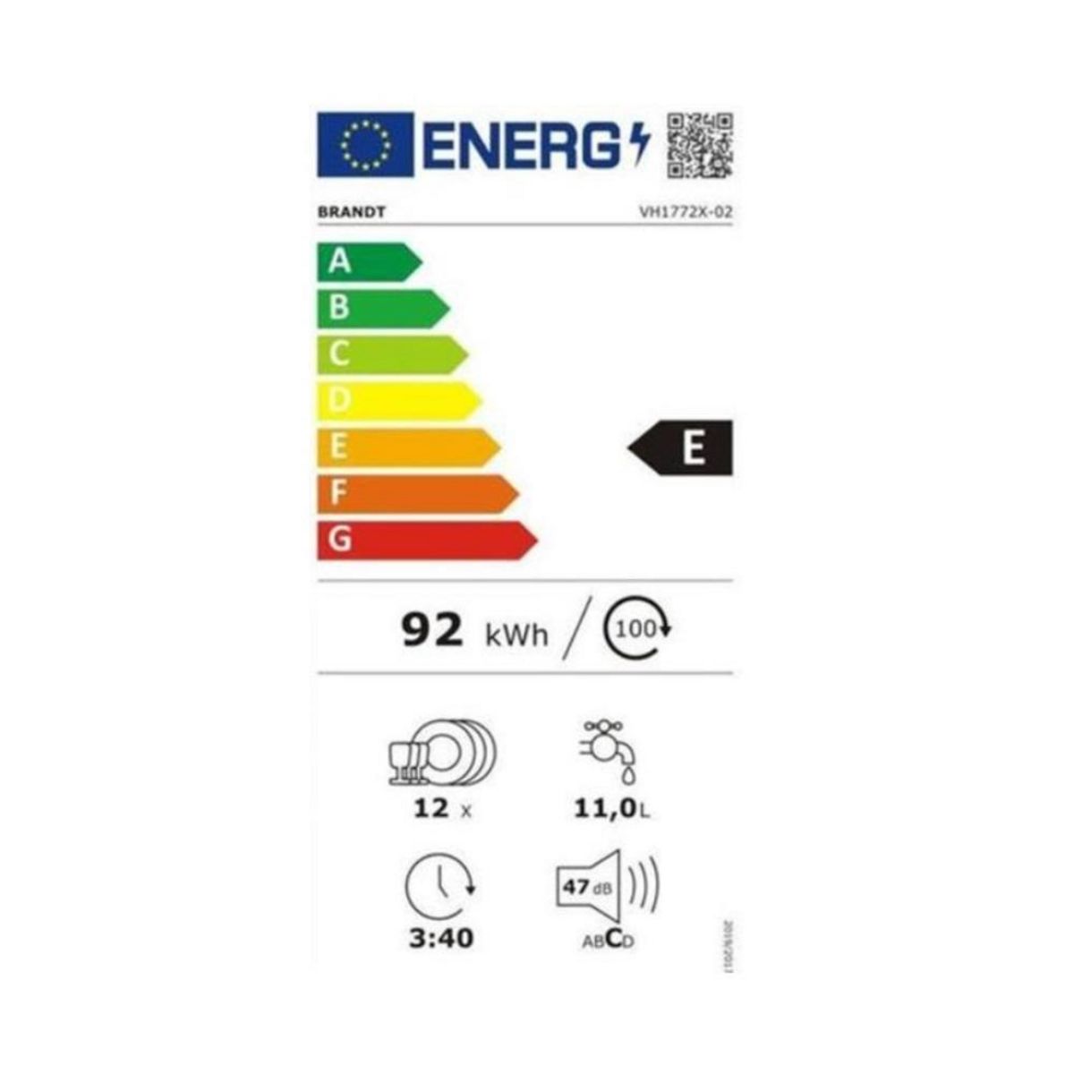 BRANDT Lave-vaisselle 60cm 12c 47db a++ intégrable avec bandeau inox - vh1772x