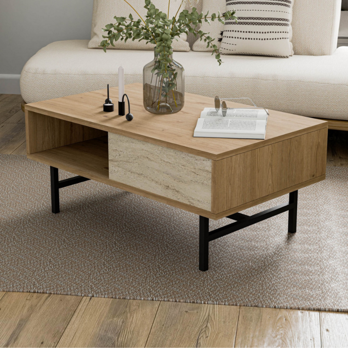 CONCEPT USINE Table basse design bois et travertin avec compartiment TROSA