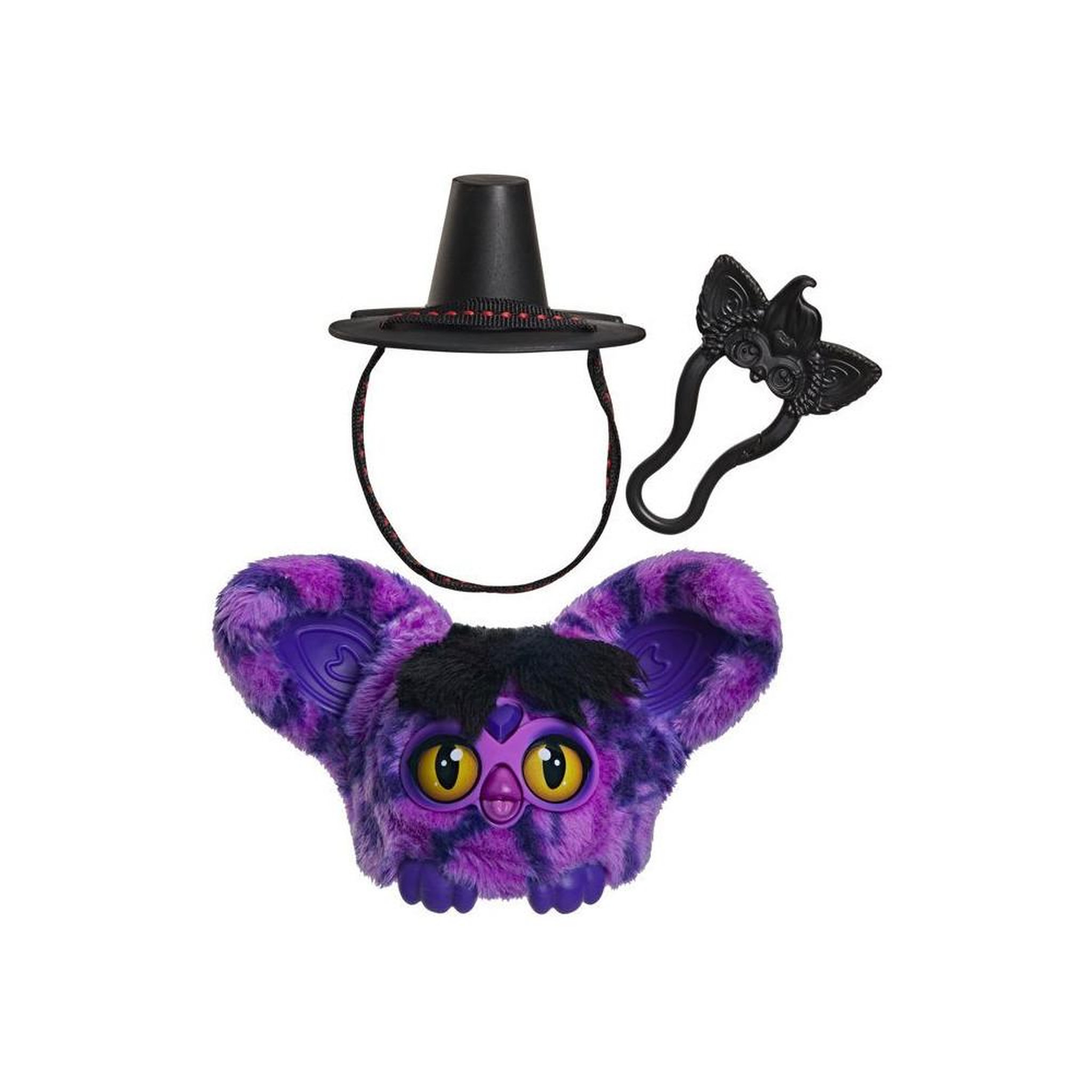 Peluche électronique mini Furby Furblets Démon Saja Boys 7,5 cm violette noire, chapeau amovible et porte-clés, plus de 45 sons en furbish