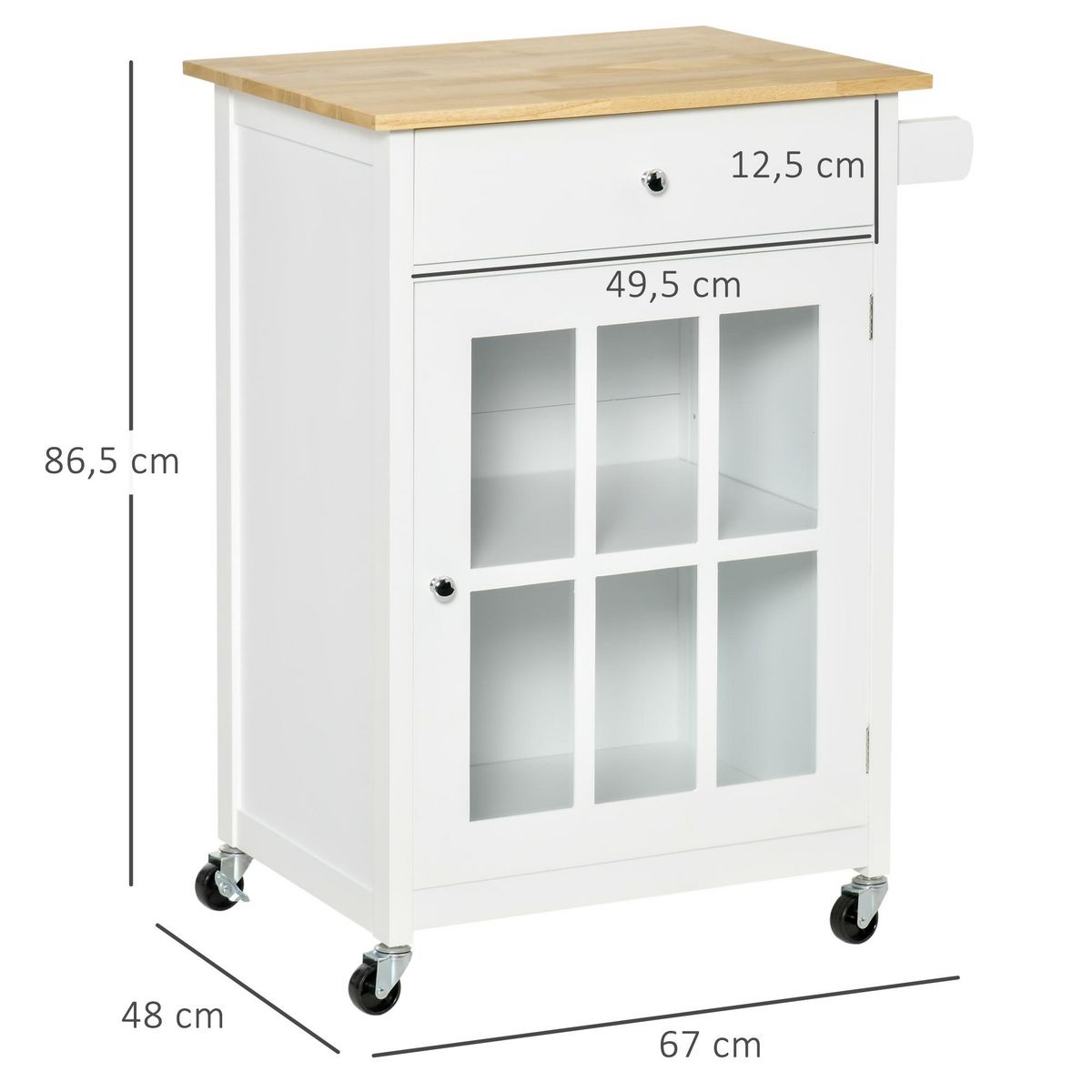HOMCOM Desserte de cuisine à roulettes multi-rangement - placard porte vitrée avec étagère réglable, tiroir, porte-torchon - blanc aspect chêne clair