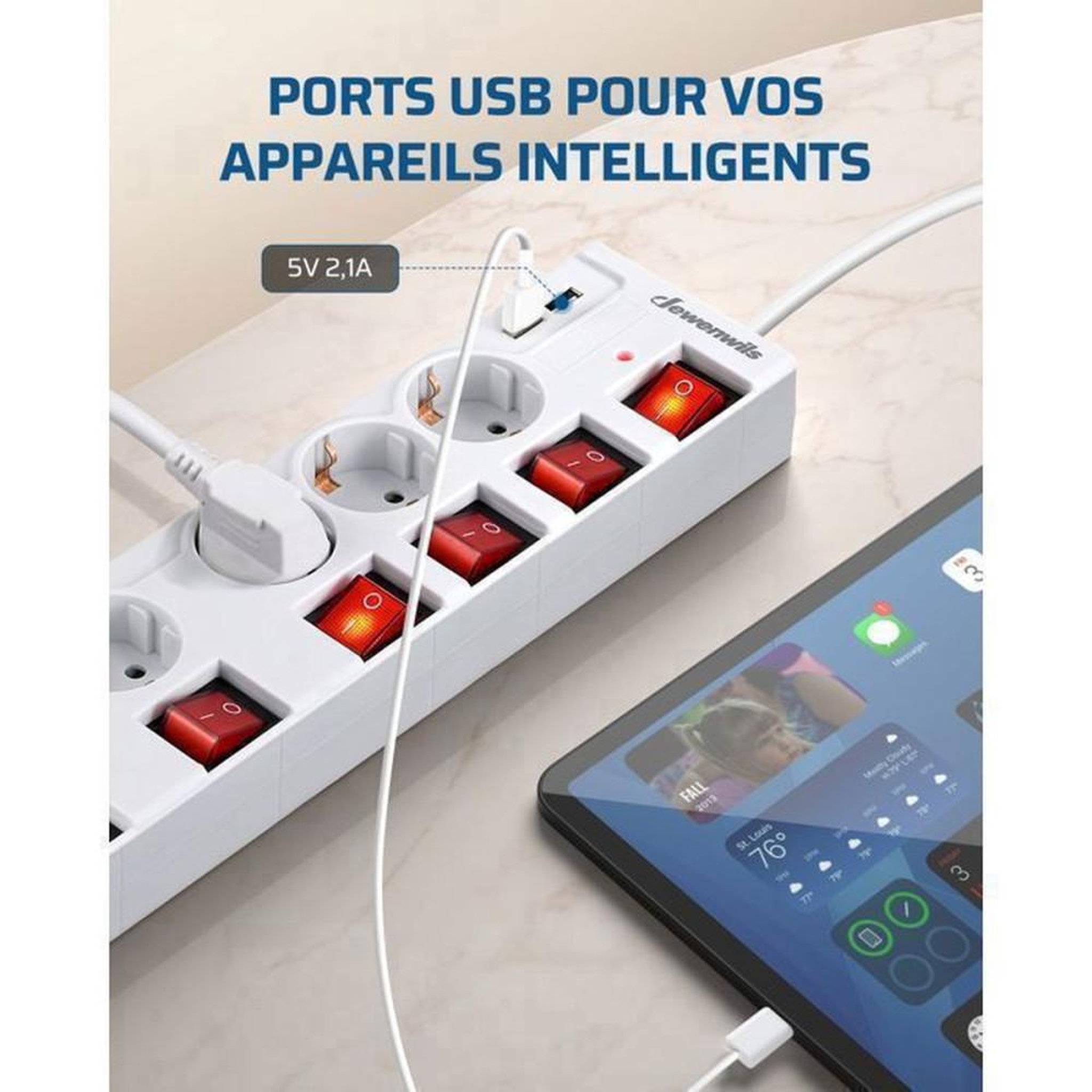 Voir la diapositive 3 : Multiprise parafoudre blanc 6 prises secteur + 2 USB 16A 3680W, câble 3 m, 7 interrupteurs bipolaires avec voyants LED