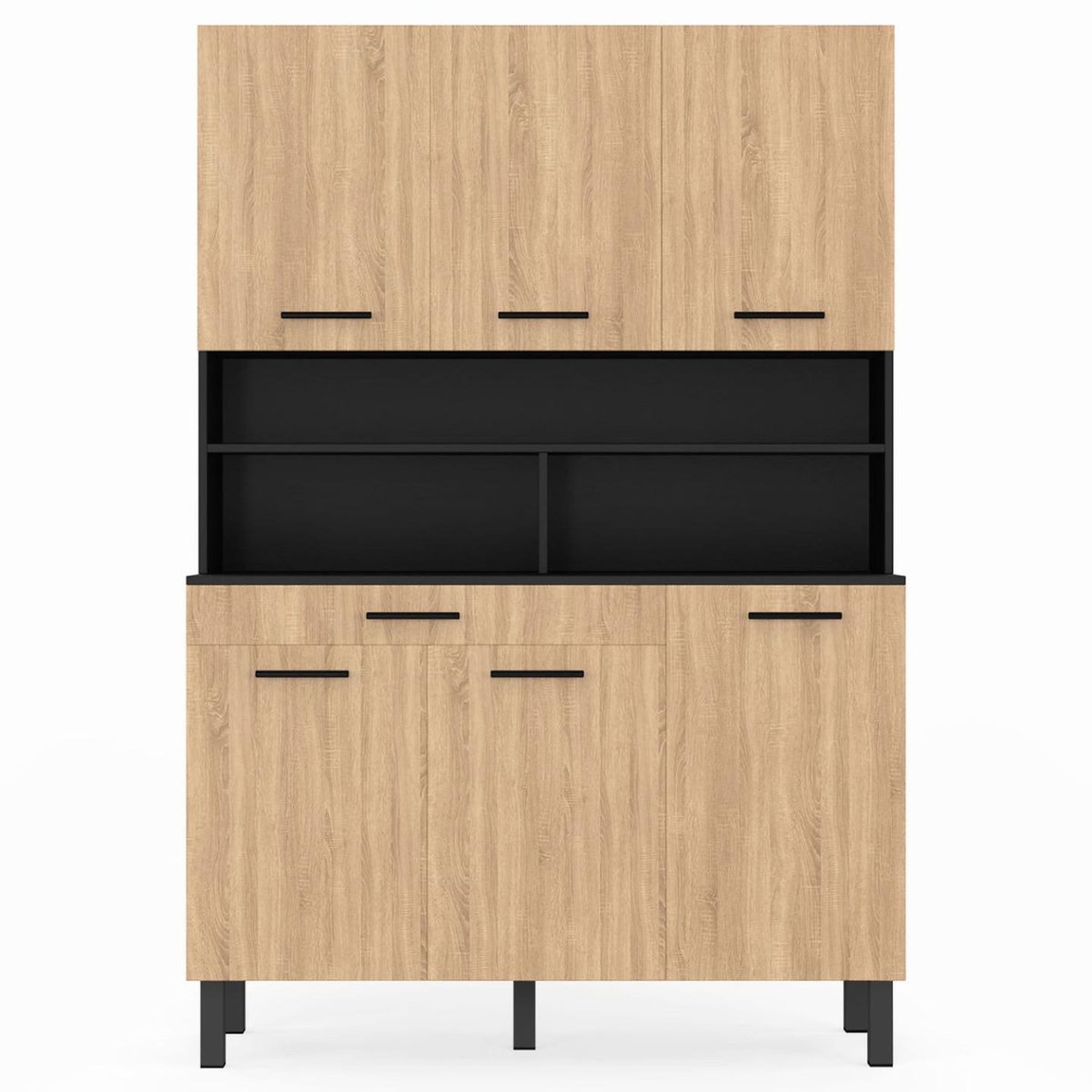 ID MARKET Buffet de cuisine 120 CM CINA 6 portes + tiroir noir et façon hêtre