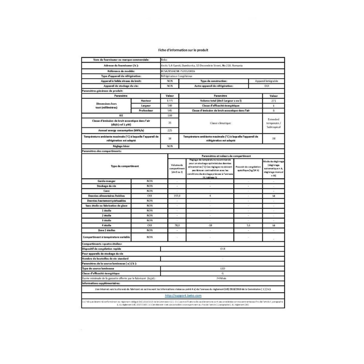 Beko Réfrigérateur combiné intégrable à glissières 271l - BCSA285E4ZSN