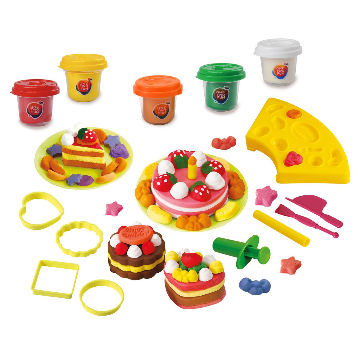 One Two Fun Coffret gâteau - Kit de 2 pots de pâte à modeler avec accessoires + 3 pots bonus