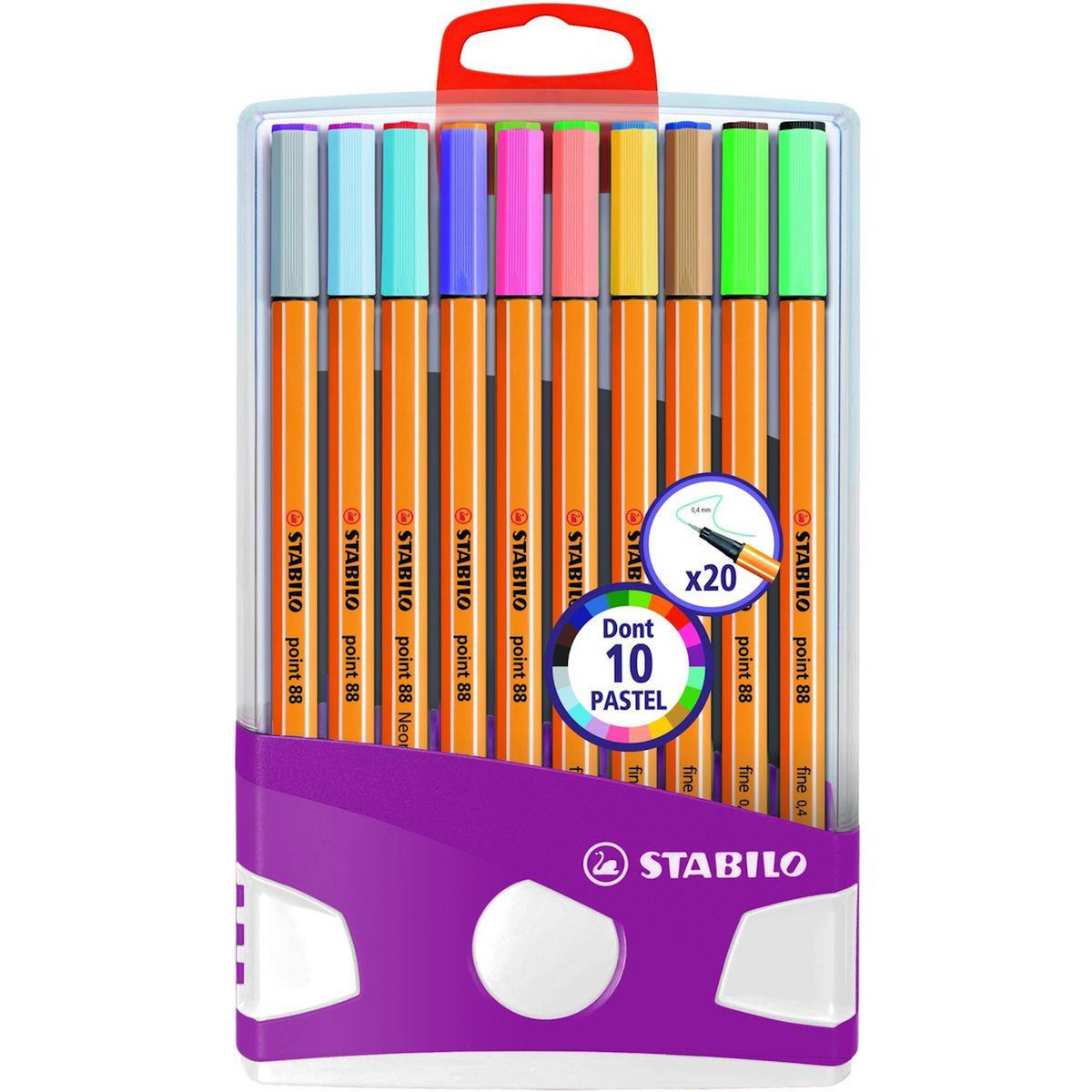 STABILO Lot de 20 stylos feutres pointe fine 0.4mm 10 éclatantes + 10 pastels Point 88 