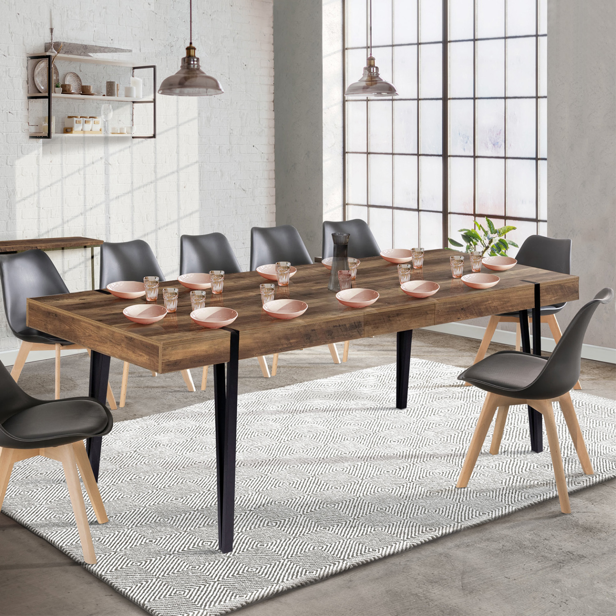 Voir la diapositive 2 : ID MARKET Table à manger extensible rectangle austria 8-12 personnes bois pied épingle noir 200-240 cm