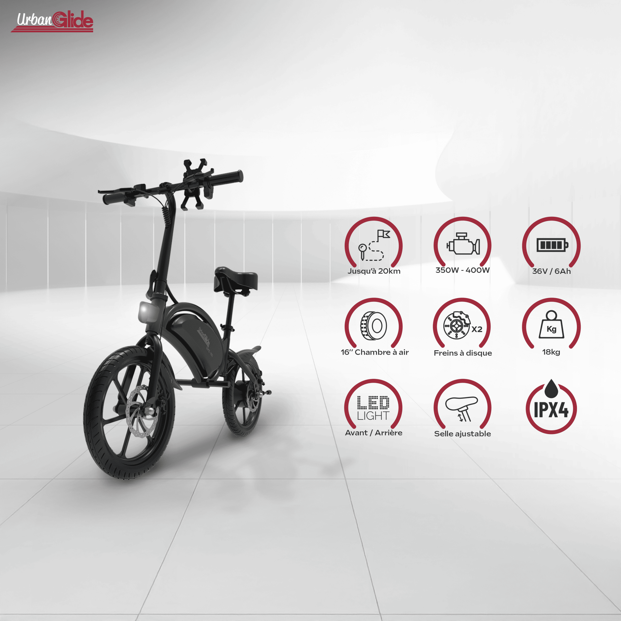 Voir la diapositive 2 : URBANGLIDE Draisienne électrique adulte e-bike 160 – moteur 1100w - autonomie jusqu'a 25 km - pneu 16  gonflable - batterie 42v/6ah - poids 18kg