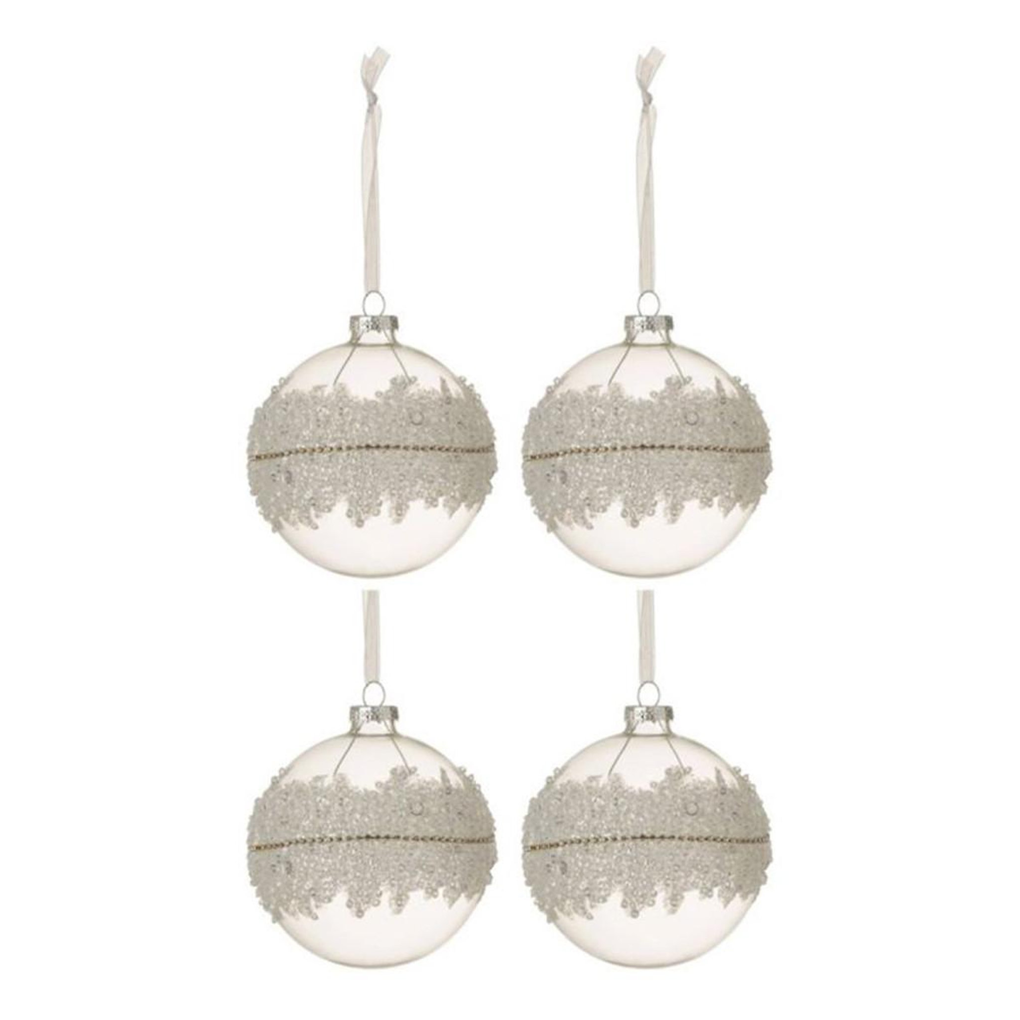 J-LINE Lot de 4 boules de noël  glace  10cm blanc & argent