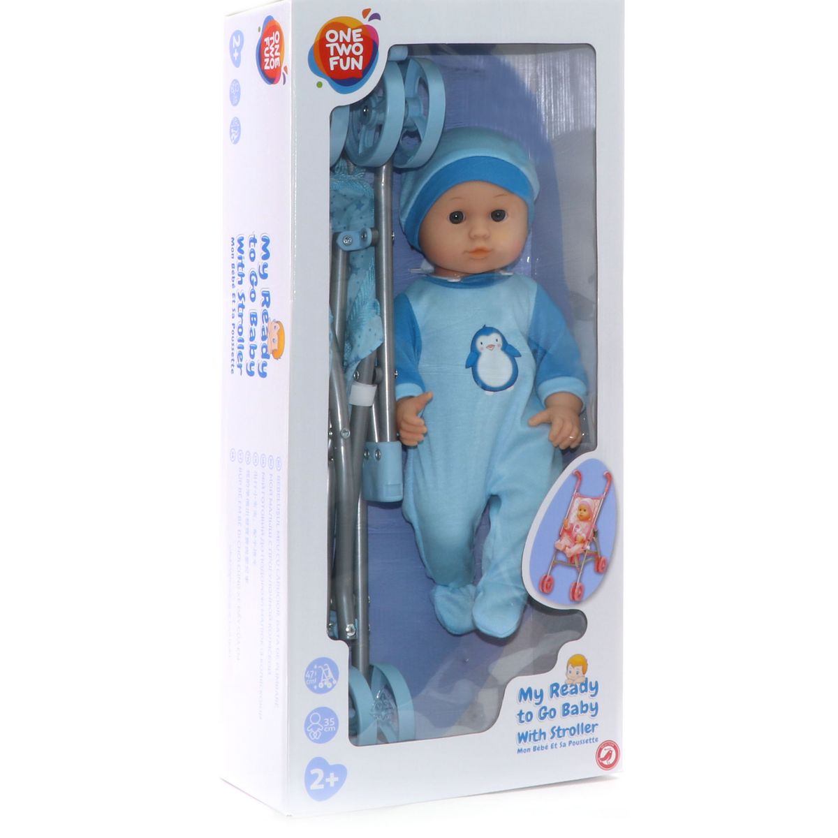 One Two Fun Poupon 35 cm avec poussette bleue