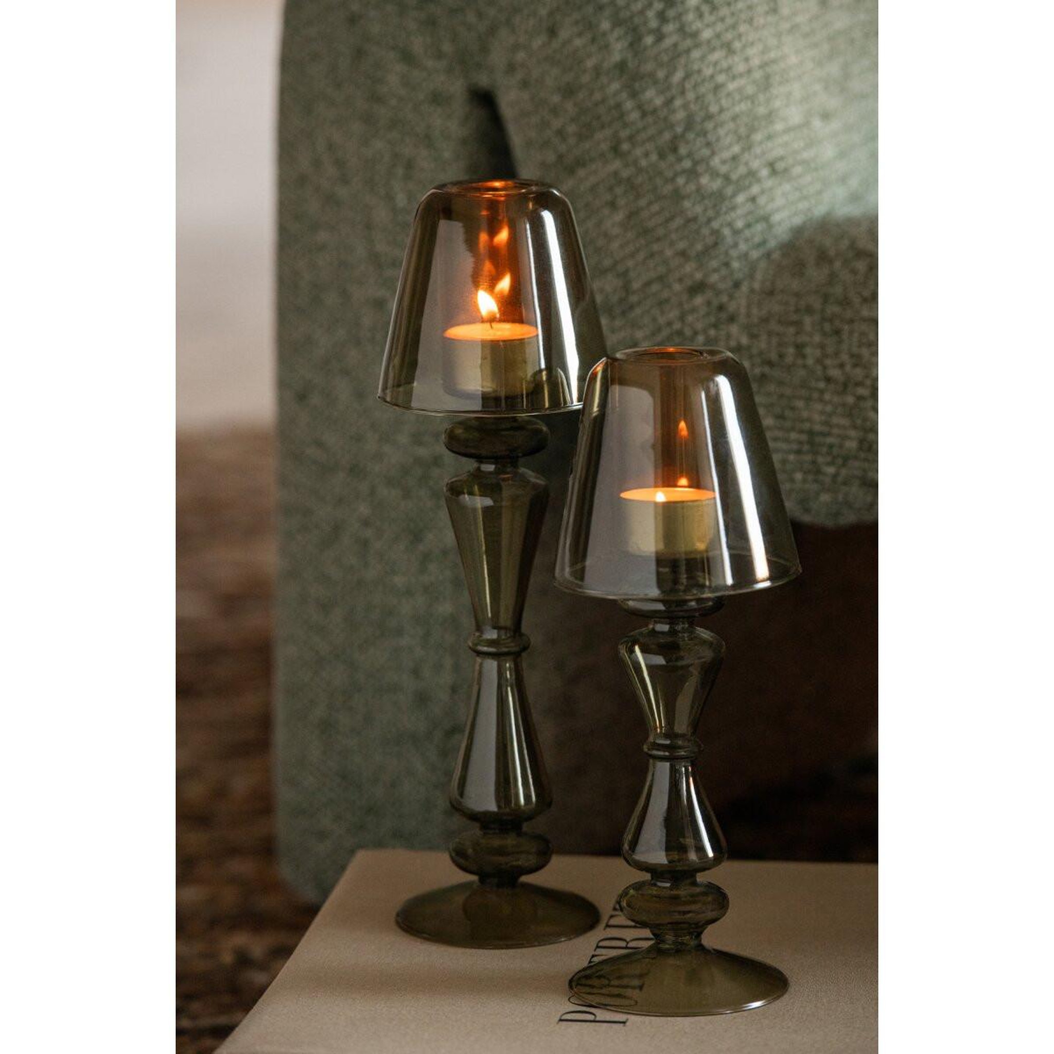Voir la diapositive 4 : J-LINE Photophore Lampe en Verre  Silje  26cm Vert Olive