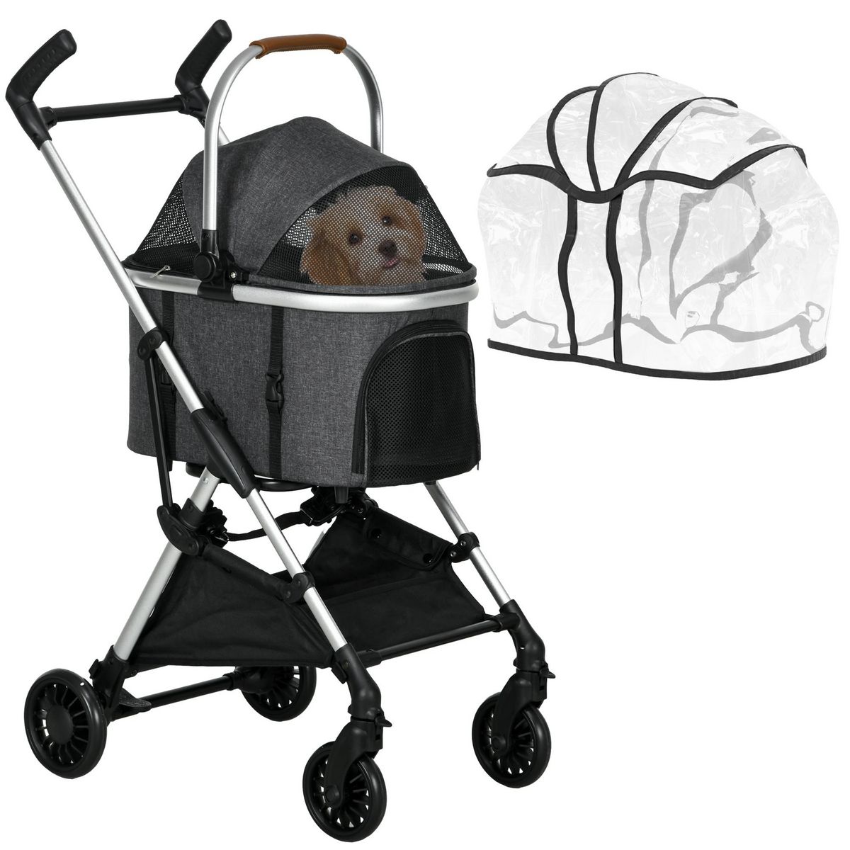 PAWHUT Poussette pour chien pliable nacelle 2 en 1 - habillage pluie, panier, poignée, housse réglable - alu oxford gris