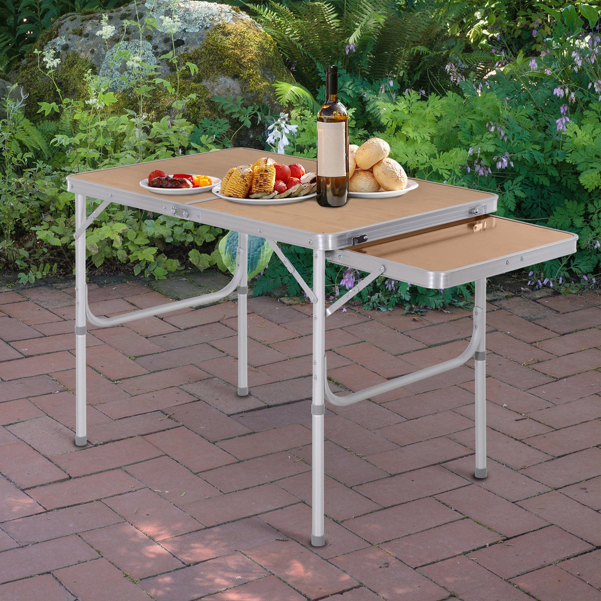 Voir la diapositive 2 : OUTSUNNY Table pliante table de camping table de jardin avec rallonge hauteur réglable aluminium mdf imitation bambou