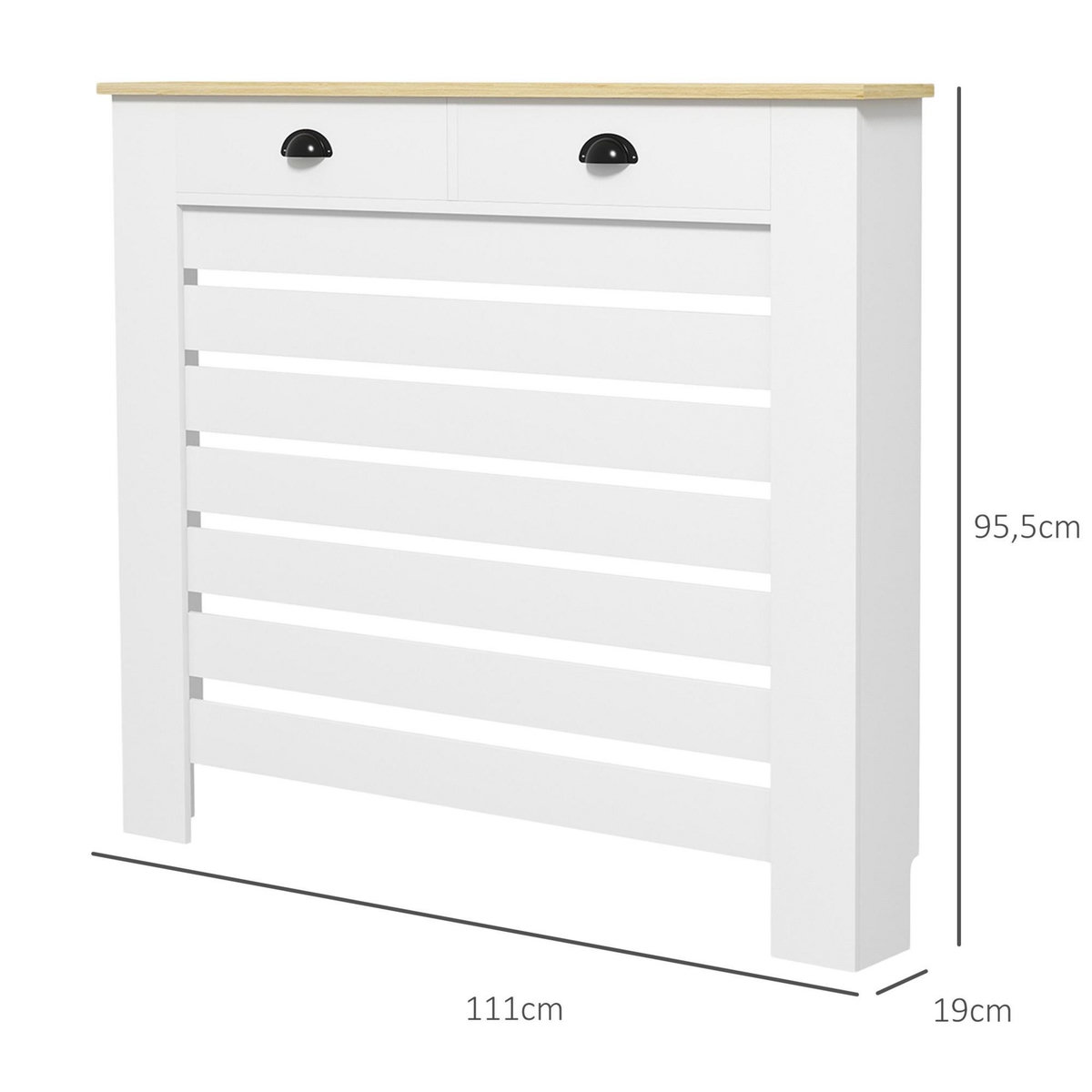 HOMCOM Cache-radiateur design panneau avec tiroirs - grille d'aération horizontale à lattes - dim. 111L x 19l x 95H cm - MDF effet bois clair blanc