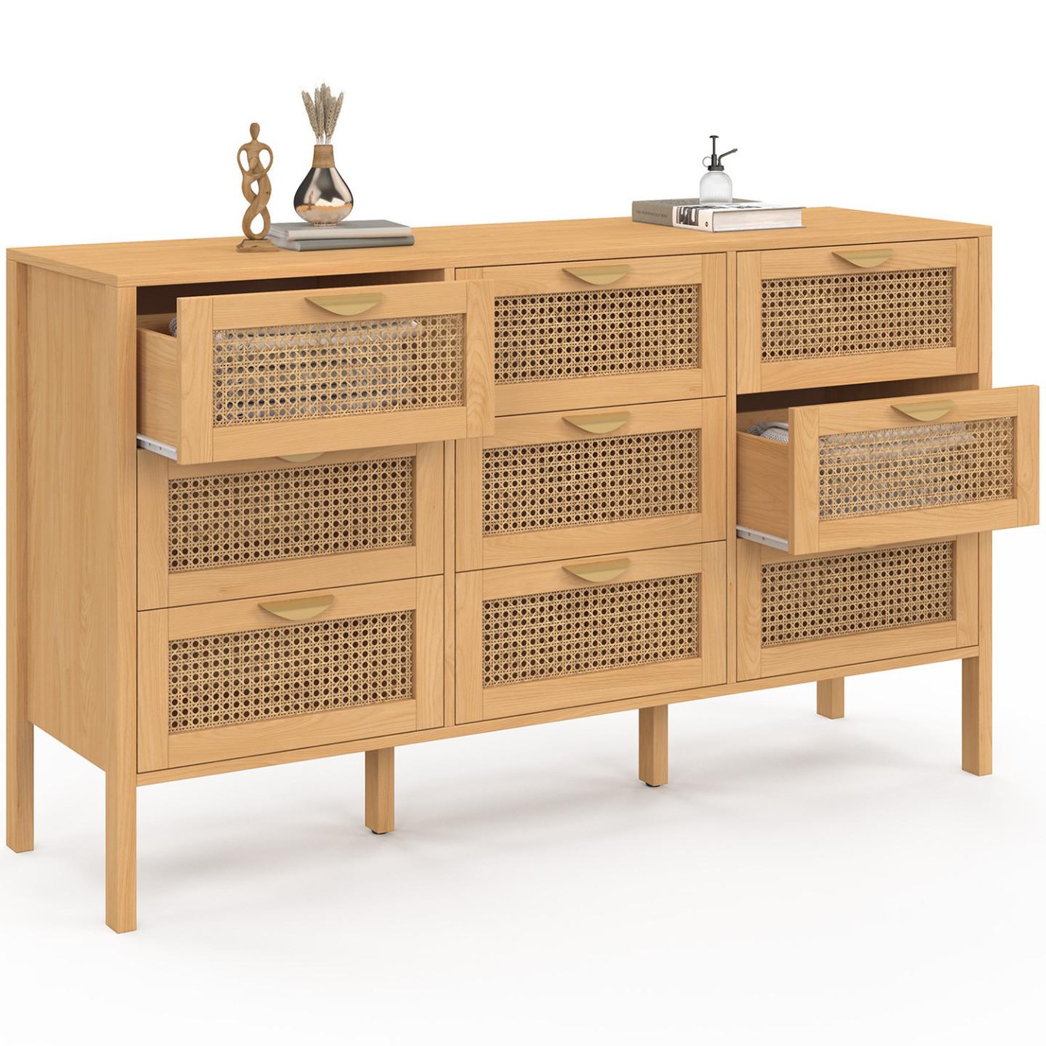 Voir la diapositive 4 : ID MARKET Commode 9 tiroirs edhen xxl 136 cm bois et cannage