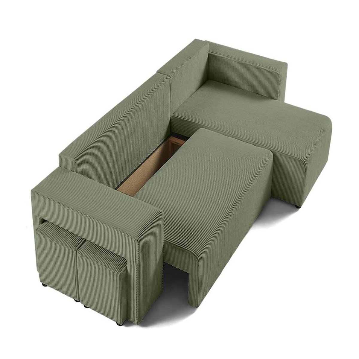 BEST MOBILIER Topaze - canapé d'angle réversible 4 places - convertible avec coffre, tablette et poufs - en velours côtelé