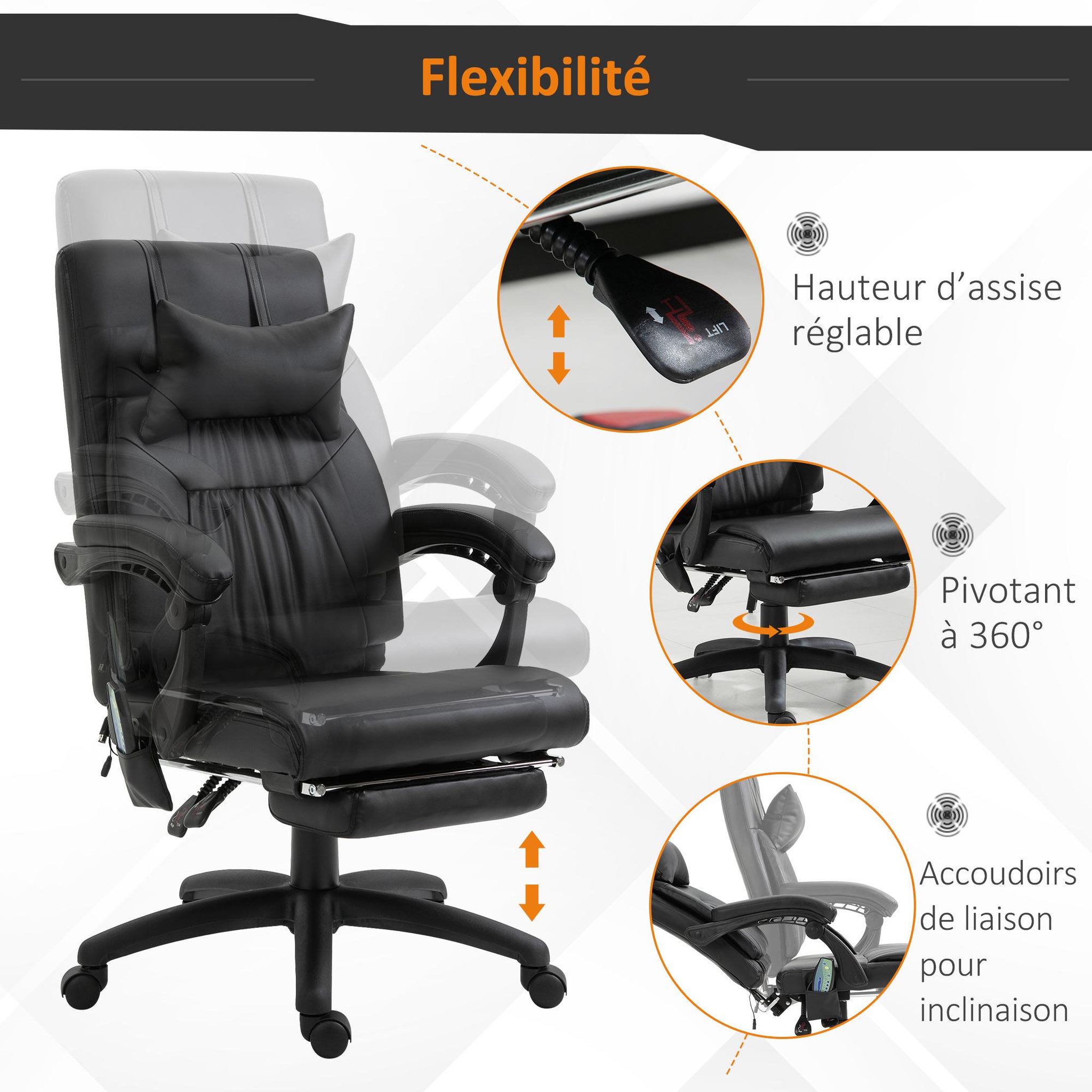 Voir la diapositive 6 : HOMCOM HOMCOM Fauteuil de bureau manager massant hauteur réglable dossier inclinable repose-pied + appui-tête 68 x 79 x 104-112 cm noir