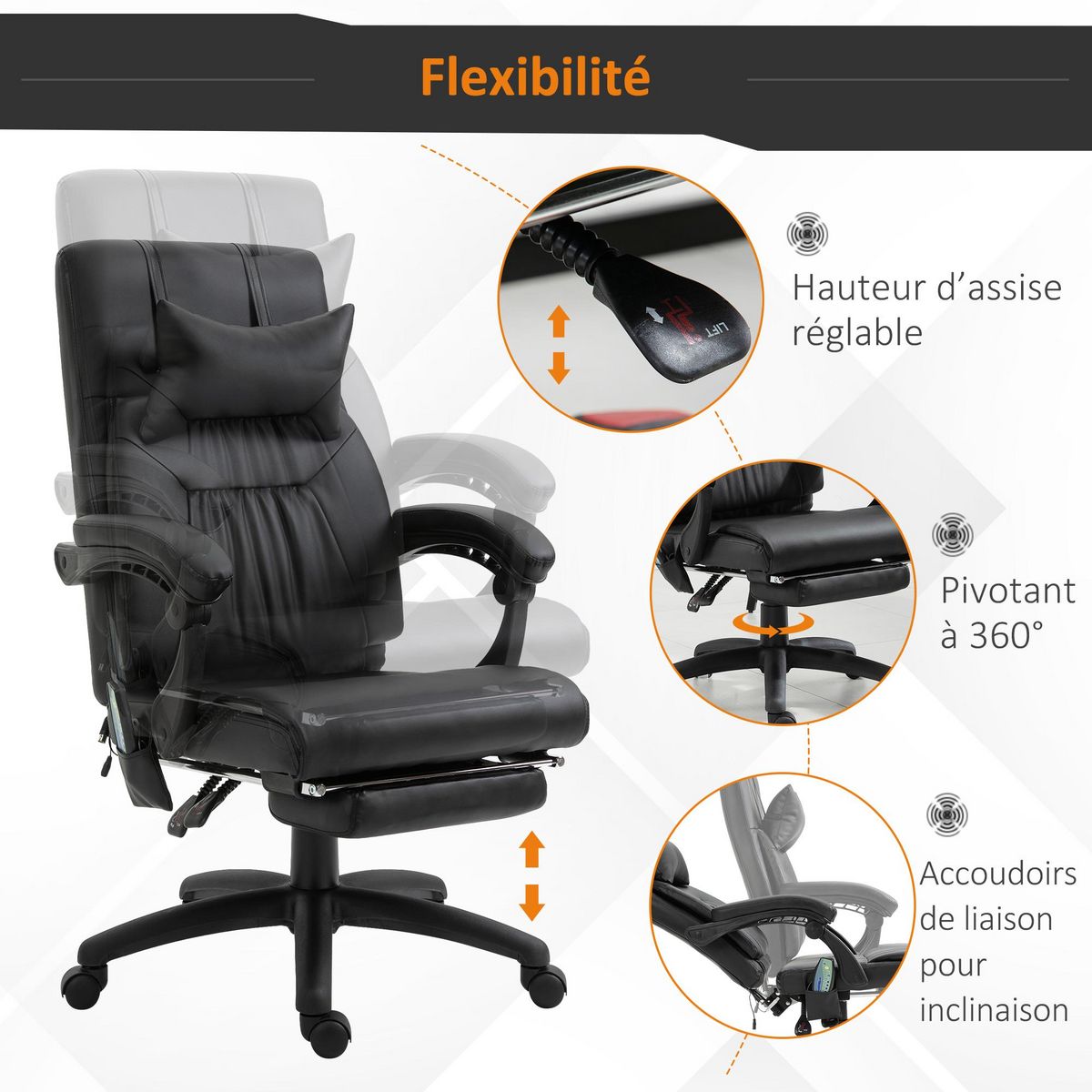 HOMCOM HOMCOM Fauteuil de bureau manager massant hauteur réglable dossier inclinable repose-pied + appui-tête 68 x 79 x 104-112 cm noir
